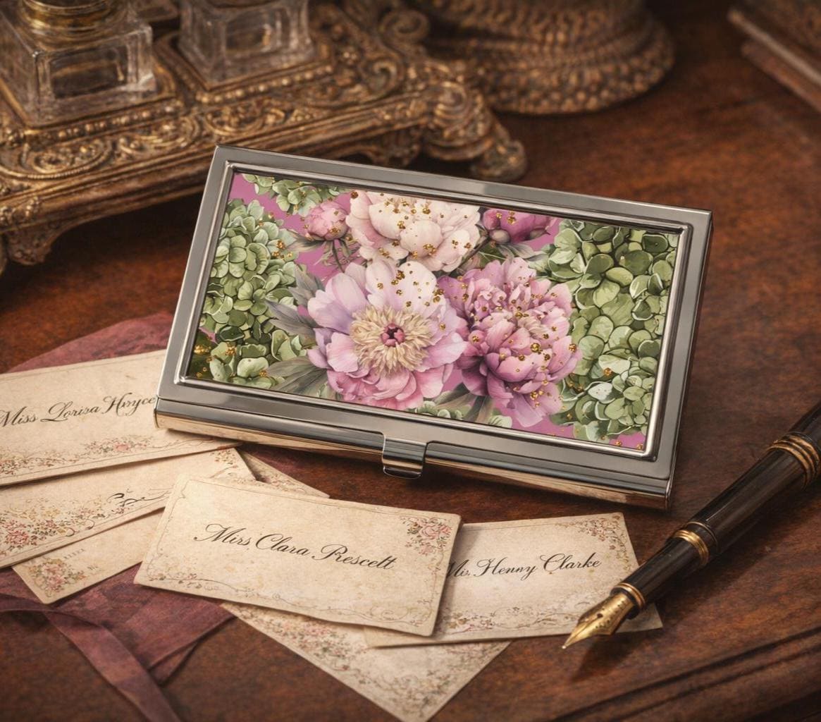 Hydrangea Peony Floral Business Card Holder | Victorian Calling Card Case