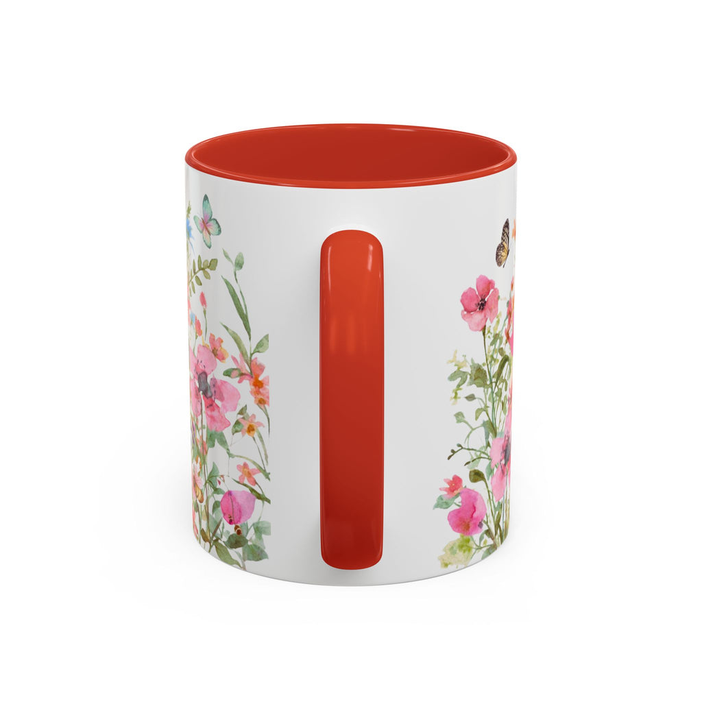Floral Meadow Accent Coffee Mug — Pink Wildflowers & Butterflies (11oz, 15oz)