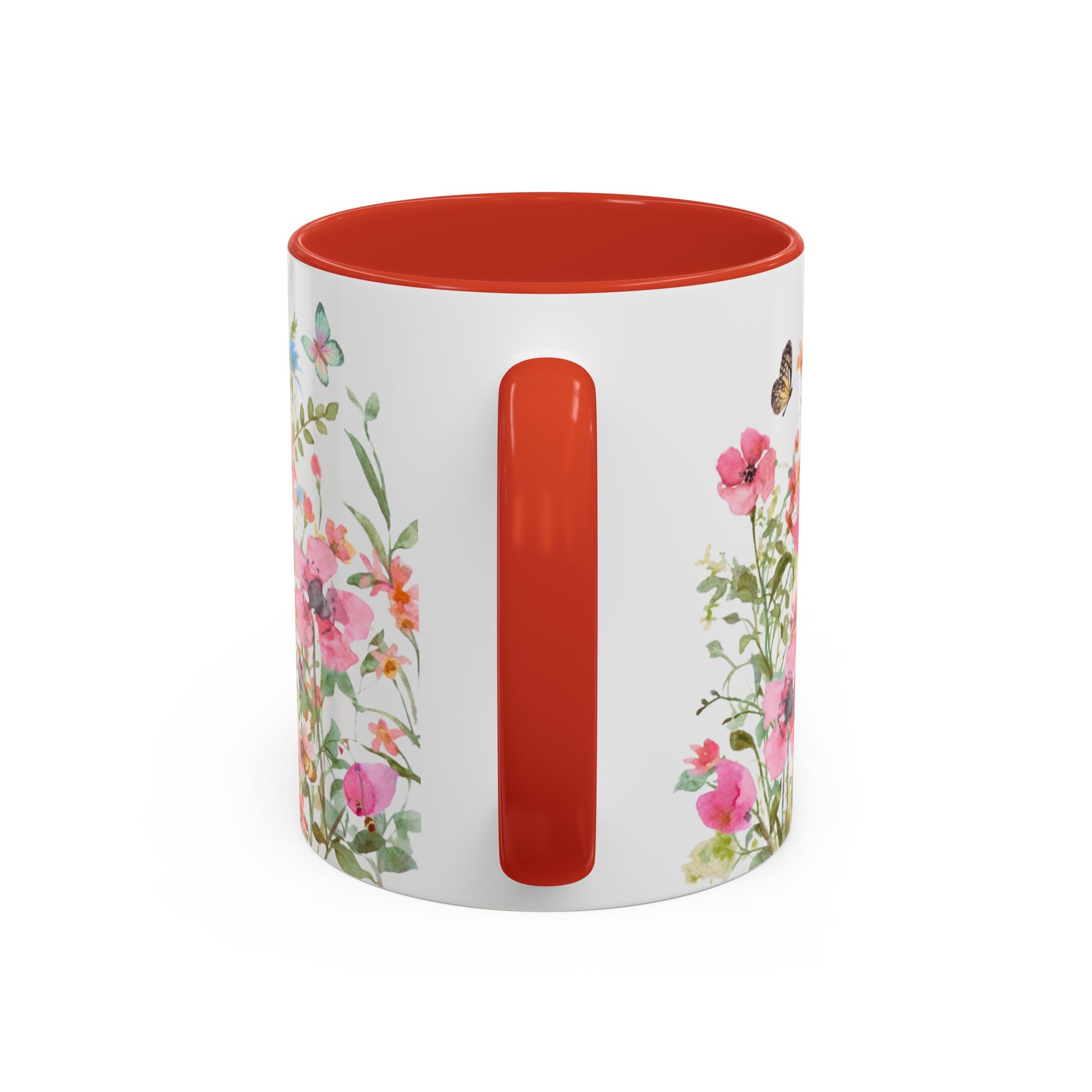 Floral Meadow Accent Coffee Mug — Pink Wildflowers & Butterflies (11oz, 15oz)