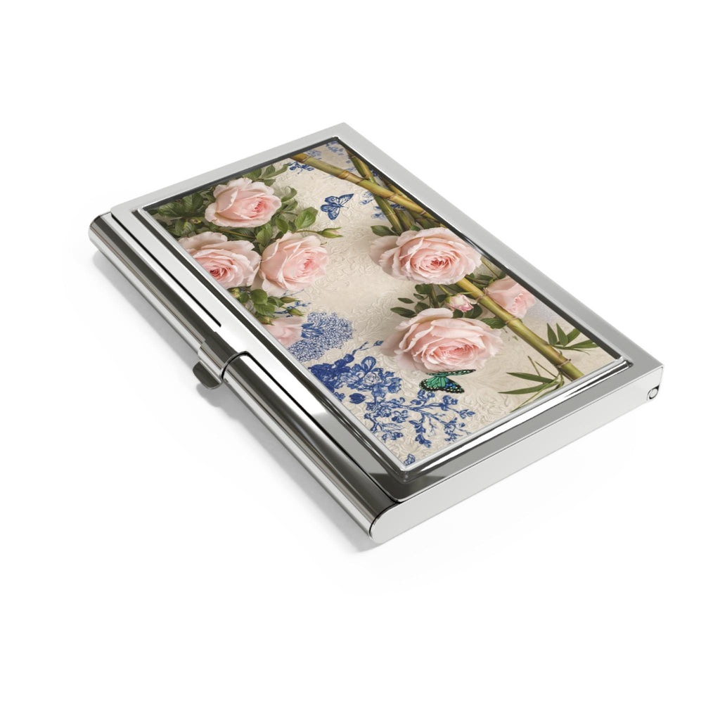 Pink Rose Floral Business Card Holder | Butterfly Botanical Metal Case