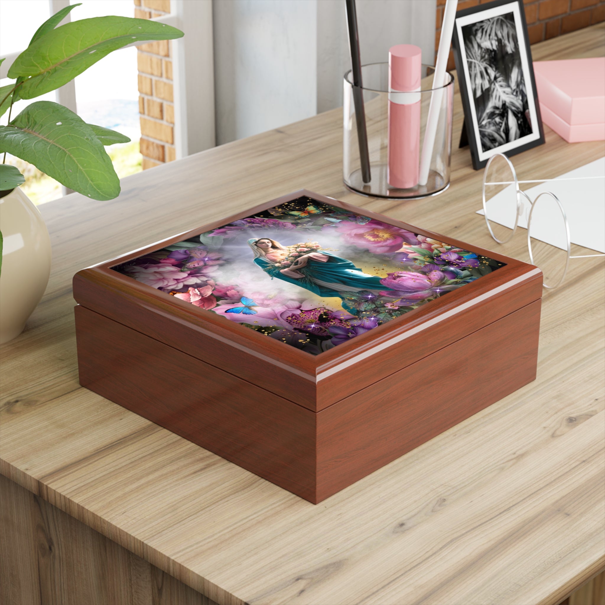 Virgin Mary Floral Illustration Jewelry Box | Madonna In Heaven Keepsake Trinket Chest