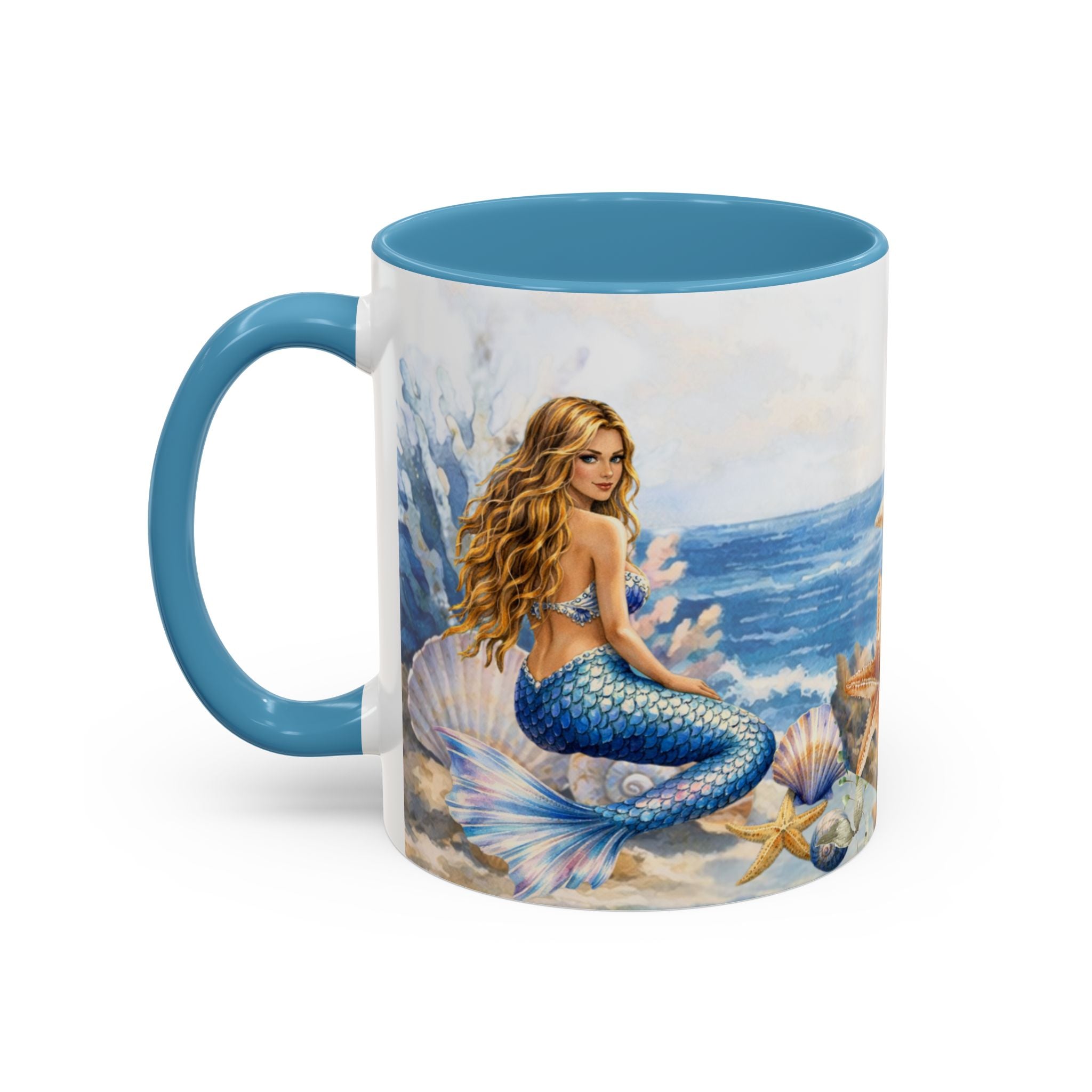 Mermaid Illustration Accent Coffee Mug | Seashells Starfish Ocean Scene