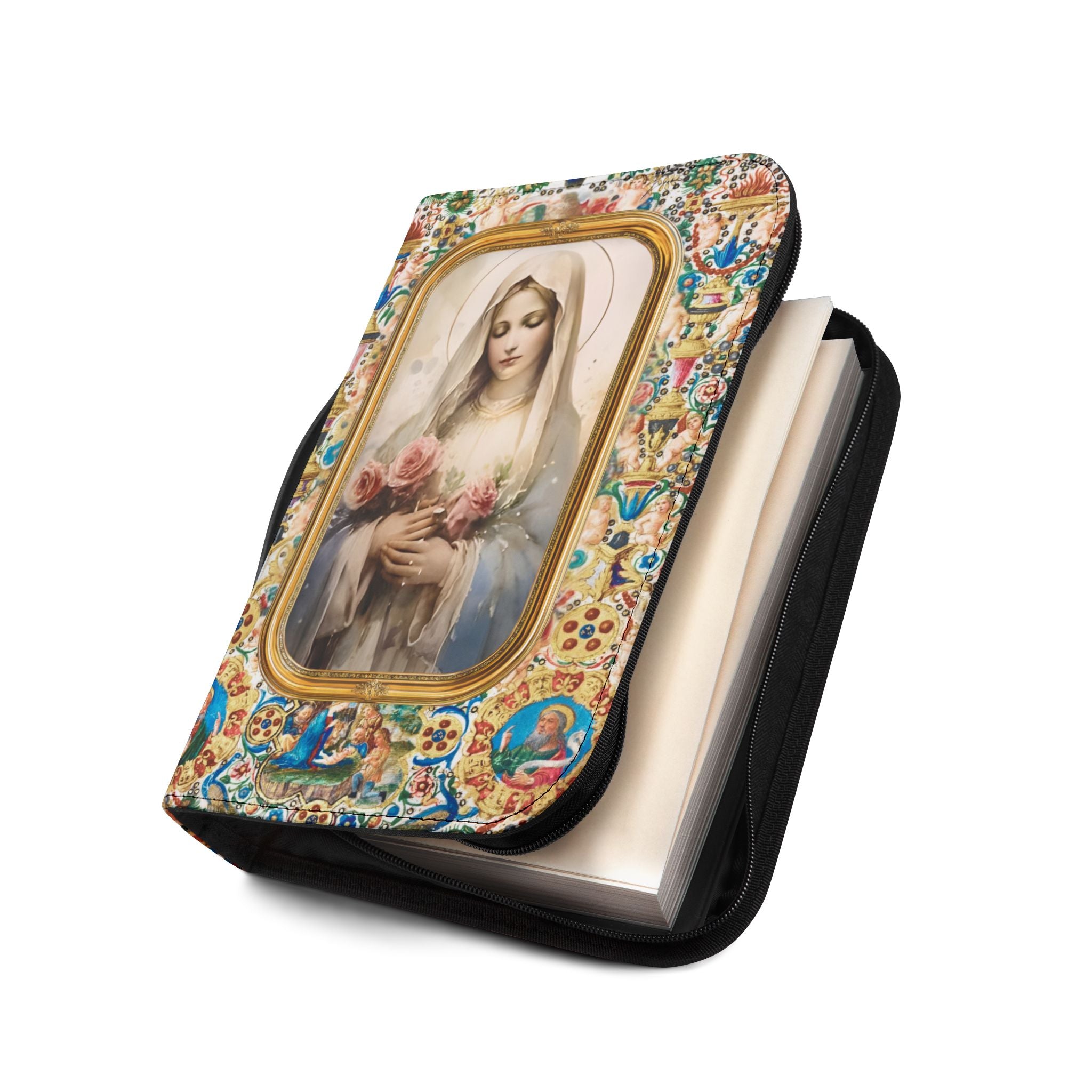 Virgin Mary Floral Icon Bible Cover | Zippered Scripture Holder Gift for Christian woman