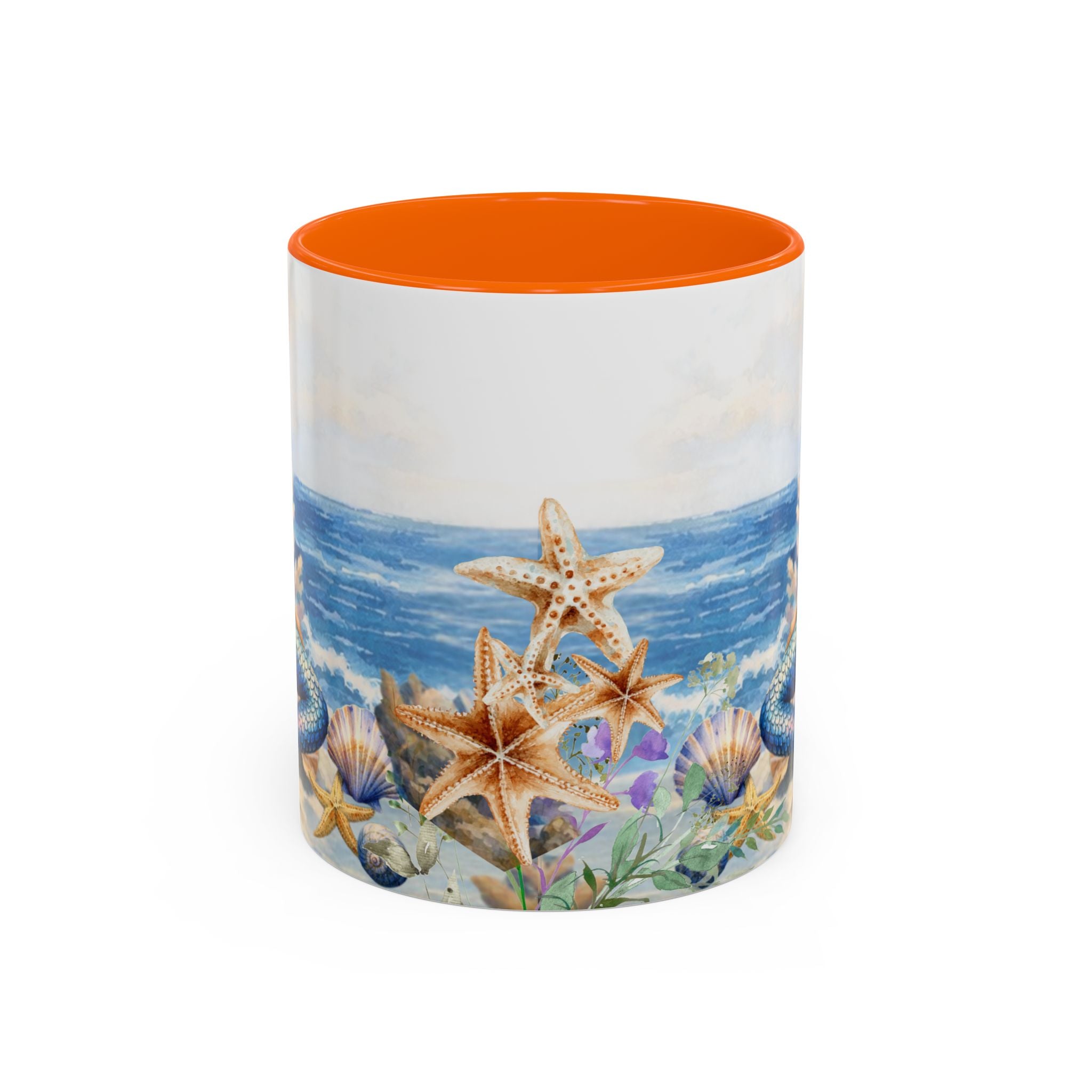 Mermaid Illustration Accent Coffee Mug | Seashells Starfish Ocean Scene