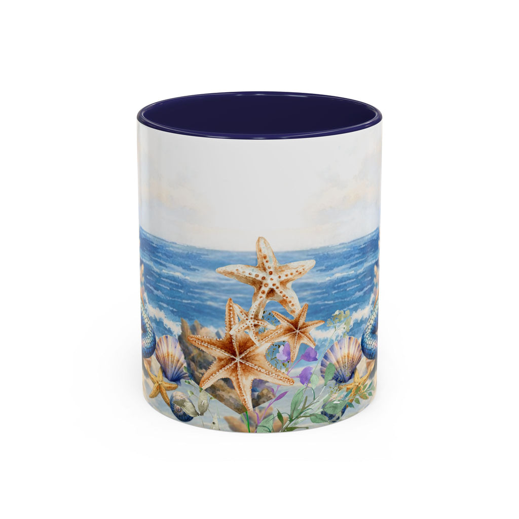 Mermaid Illustration Accent Coffee Mug | Seashells Starfish Ocean Scene
