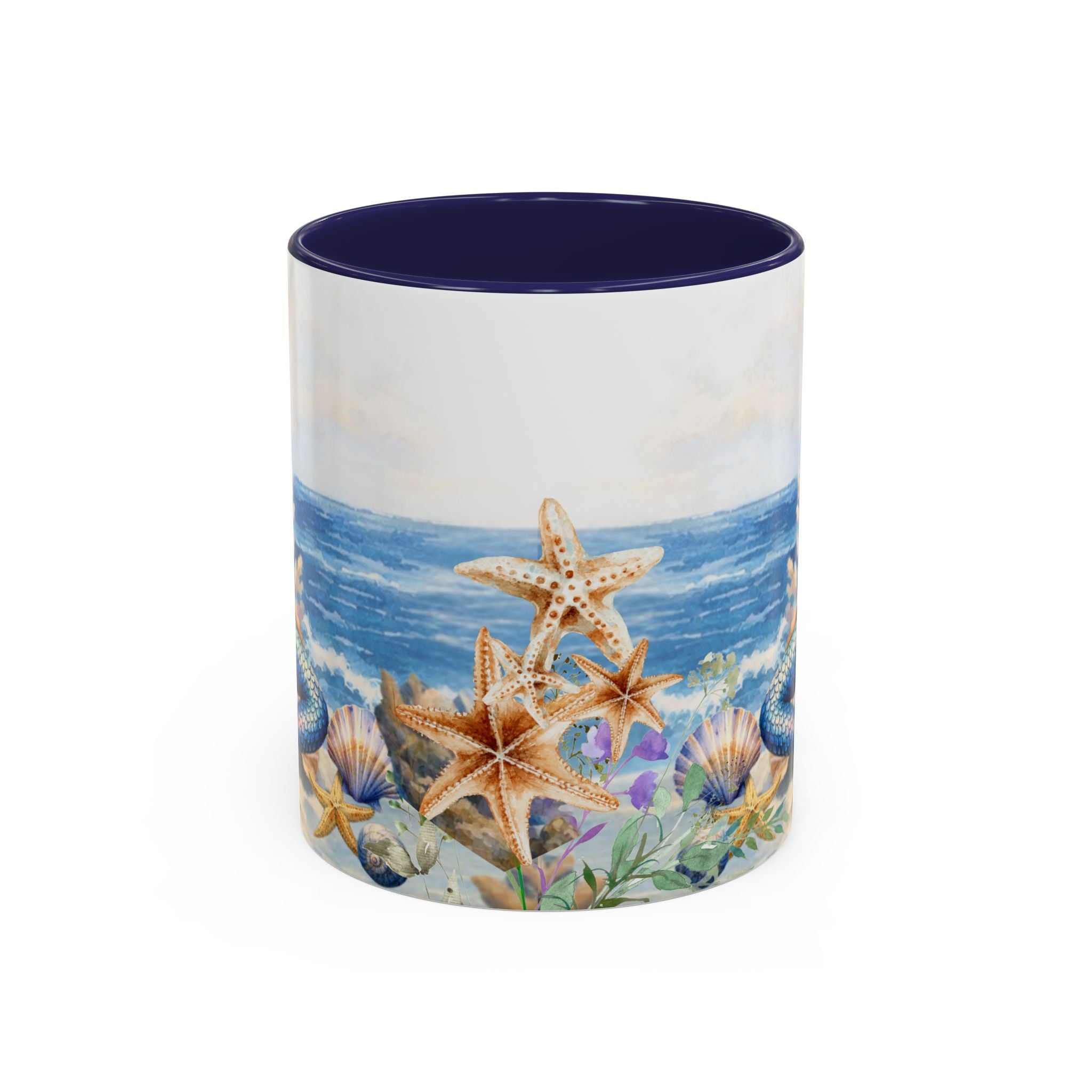 Mermaid Illustration Accent Coffee Mug | Seashells Starfish Ocean Scene