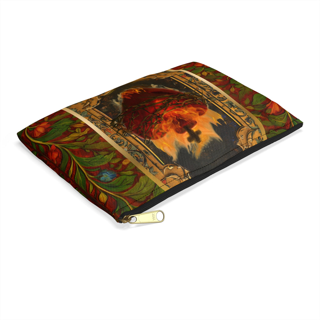 Flaming Sacred Heart Accessory Pouch | Gothic Religious Art, Floral Border
