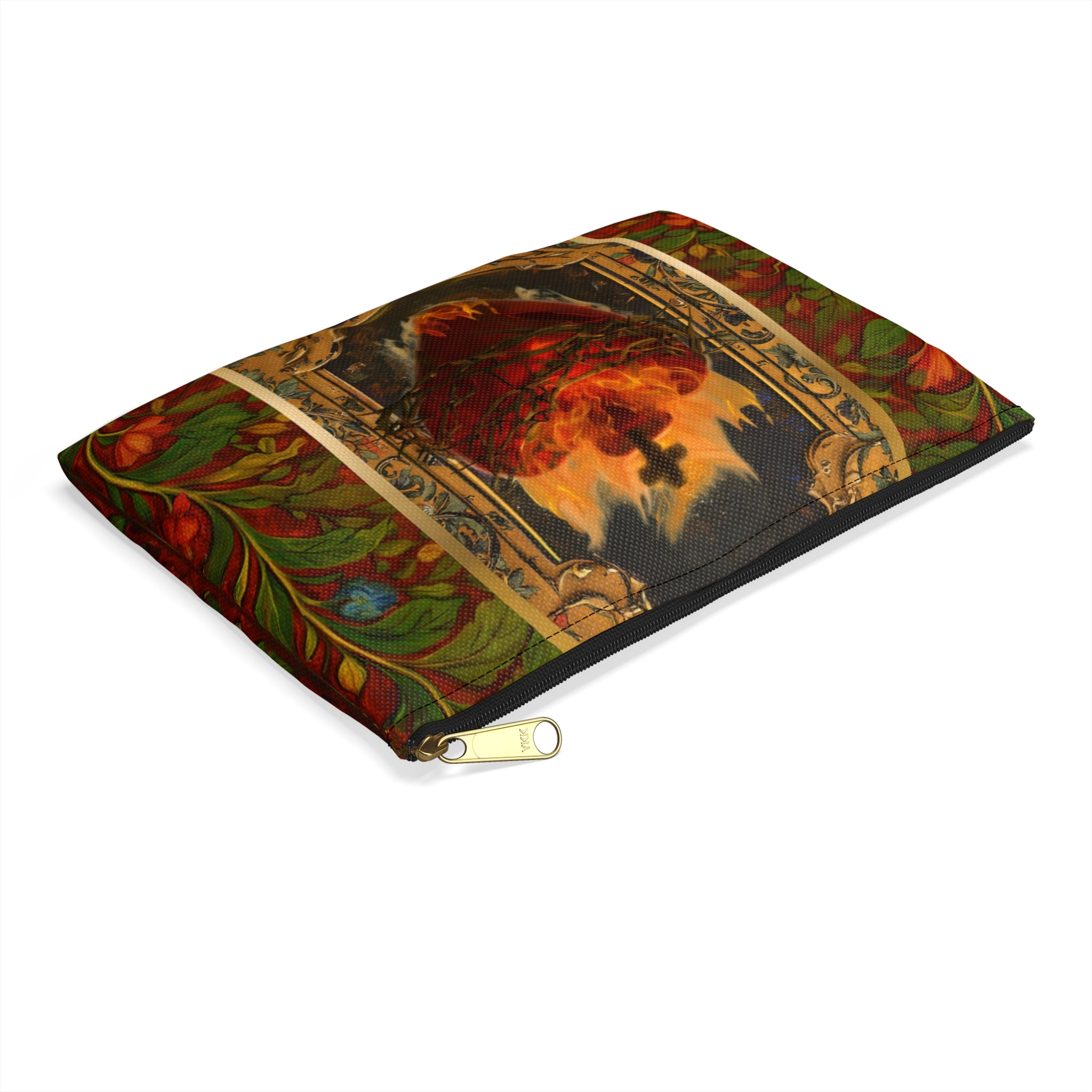 Flaming Sacred Heart Accessory Pouch | Gothic Religious Art, Floral Border