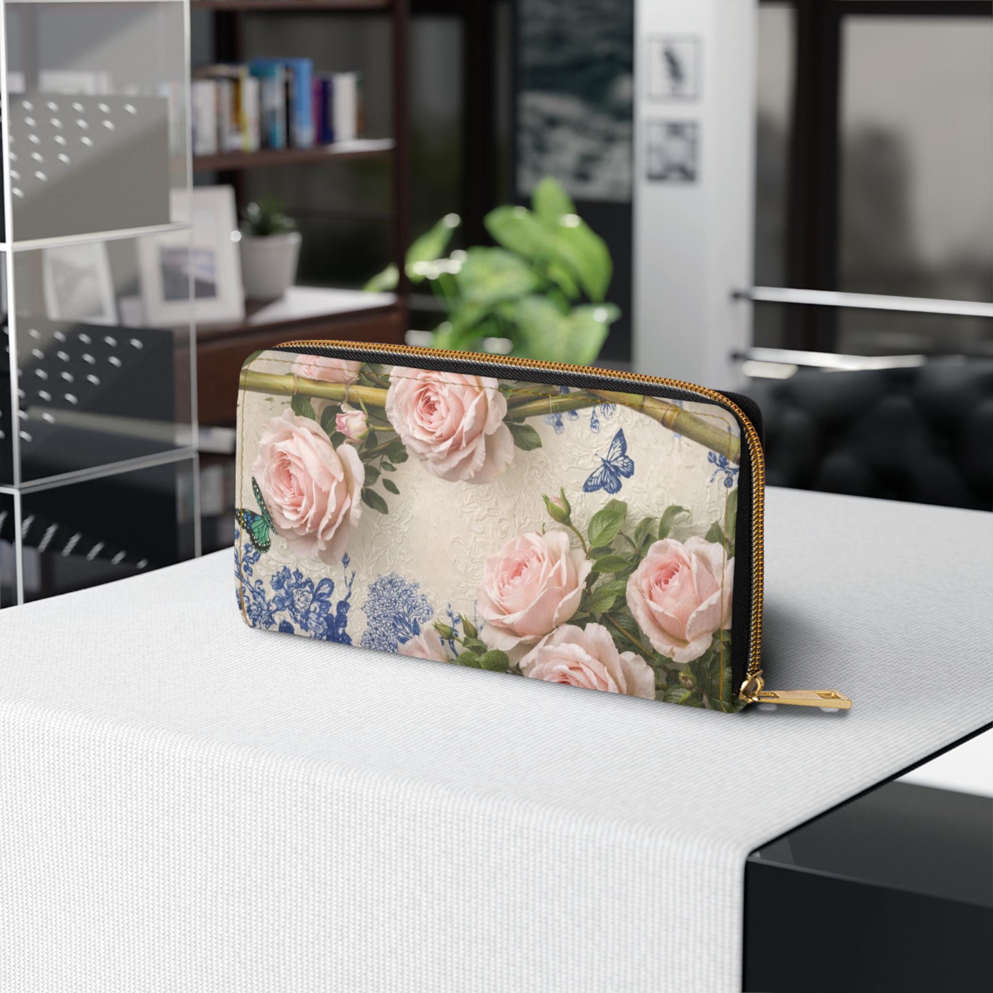 Pink Rose Bouquet Zipper Wallet | Floral Butterflies, Vintage Garden
