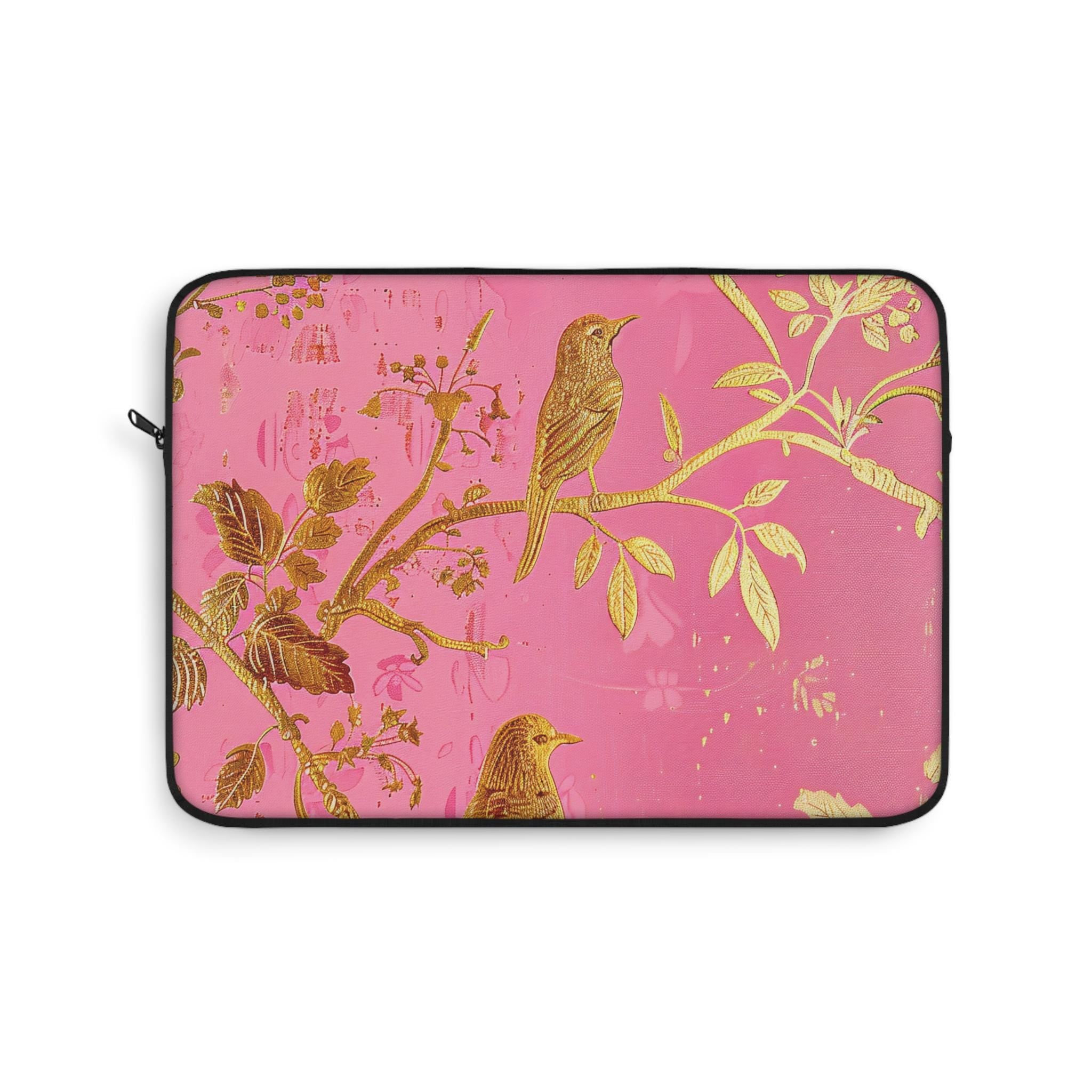 Floral Laptop Sleeve | Gold & Pink Botanical Zip Sleeve Fleece Interior | 3D Image