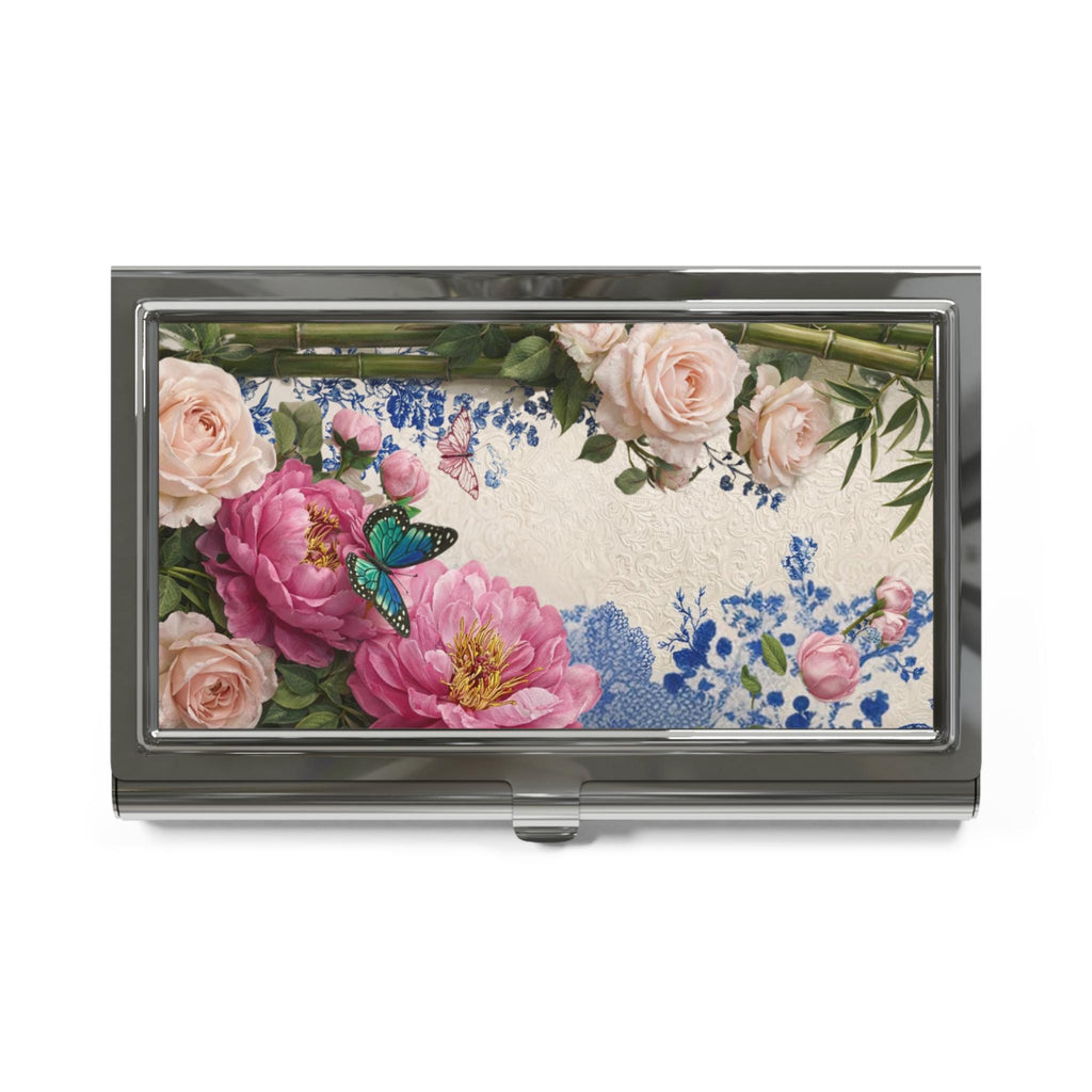 Pink Peonies and Butterfly Business Card Holder | Floral Metal Case