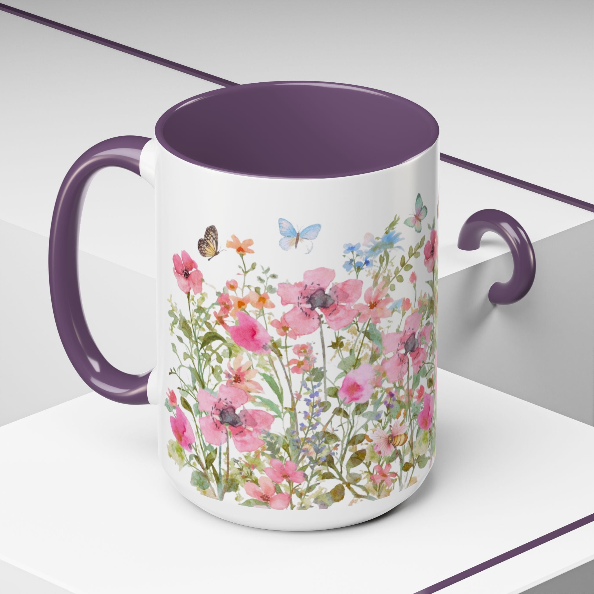 Floral Meadow Accent Coffee Mug — Pink Wildflowers & Butterflies (11oz, 15oz)