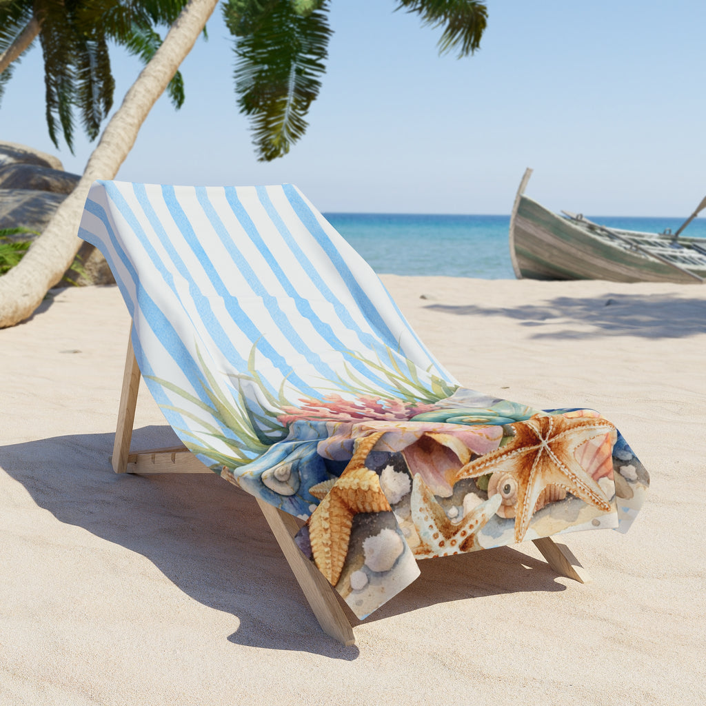 Seashell Stripe Beach Towel | Coastal Themed Beach Blanket