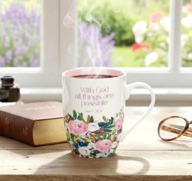 Floral Scripture Coffee Mug – Matthew 19:26 Bible Verse Ceramic Cup