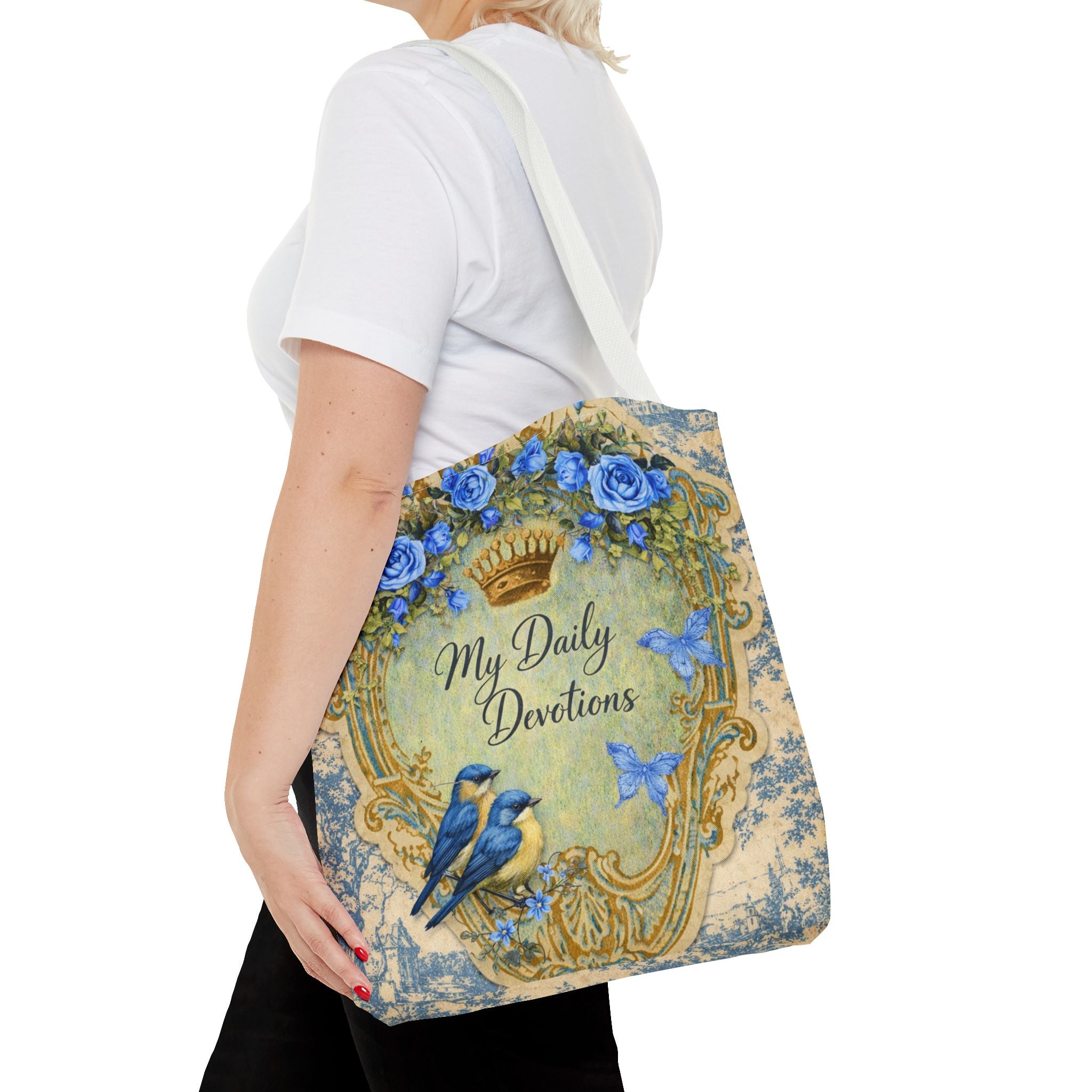 Daily Devotions Tote Bag | Bluebird Toile Bible Study Accessory | Christian Shoulder Bag