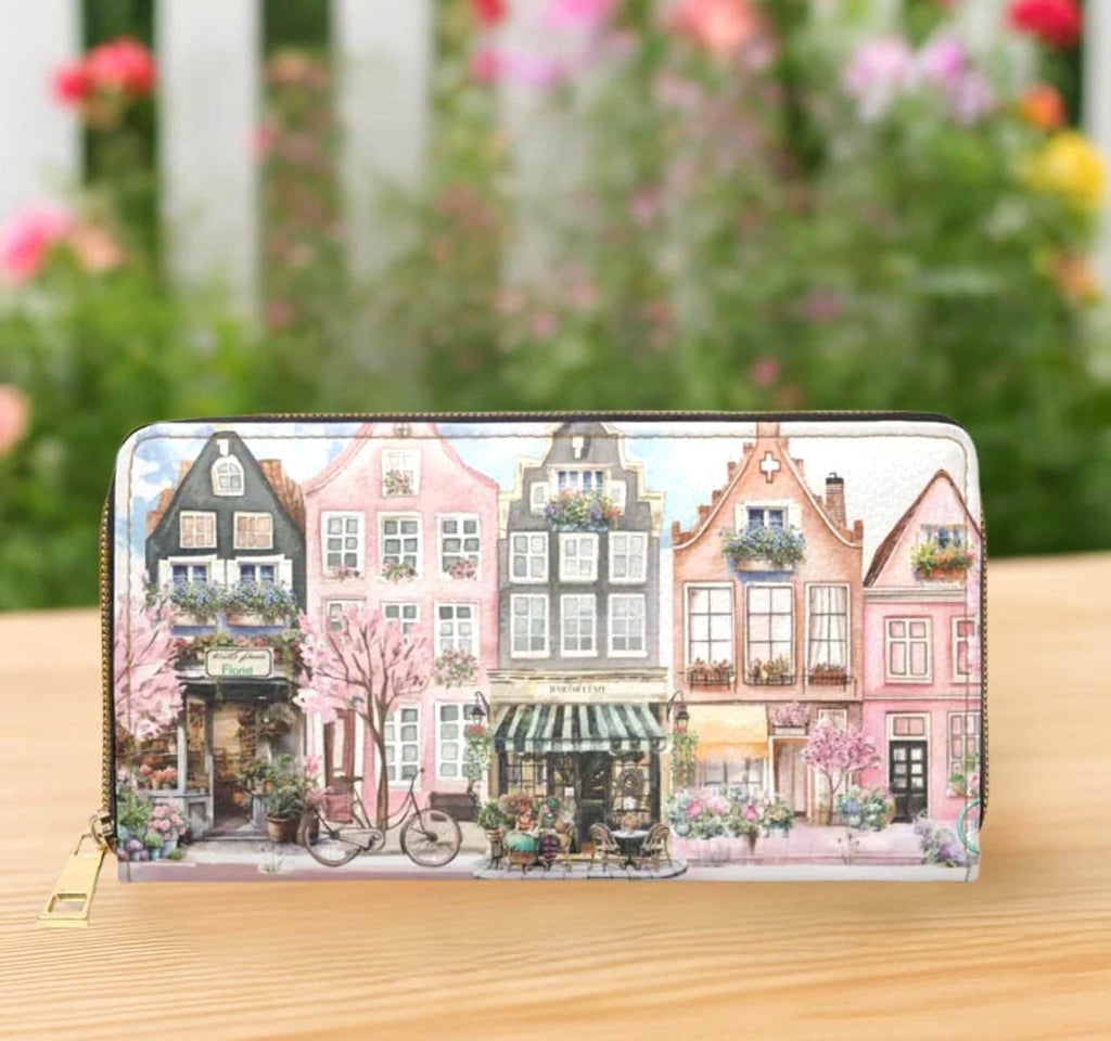 Row House Village Zipper Wallet Trendy Parisian sidewalk Clutch