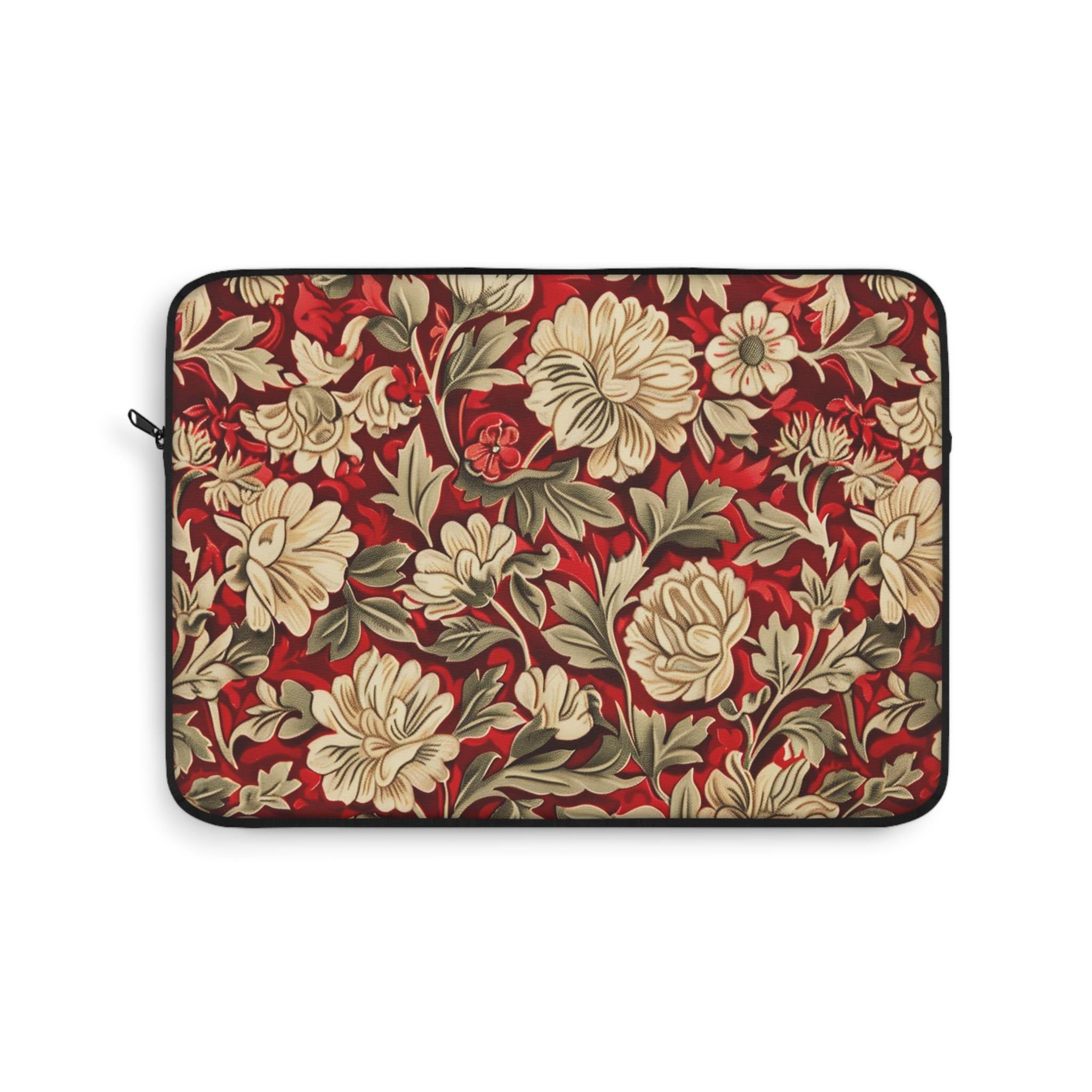 Vintage William Morris Floral Laptop Sleeve | Red Cream Botanical Zip Sleeve Fleece Interior