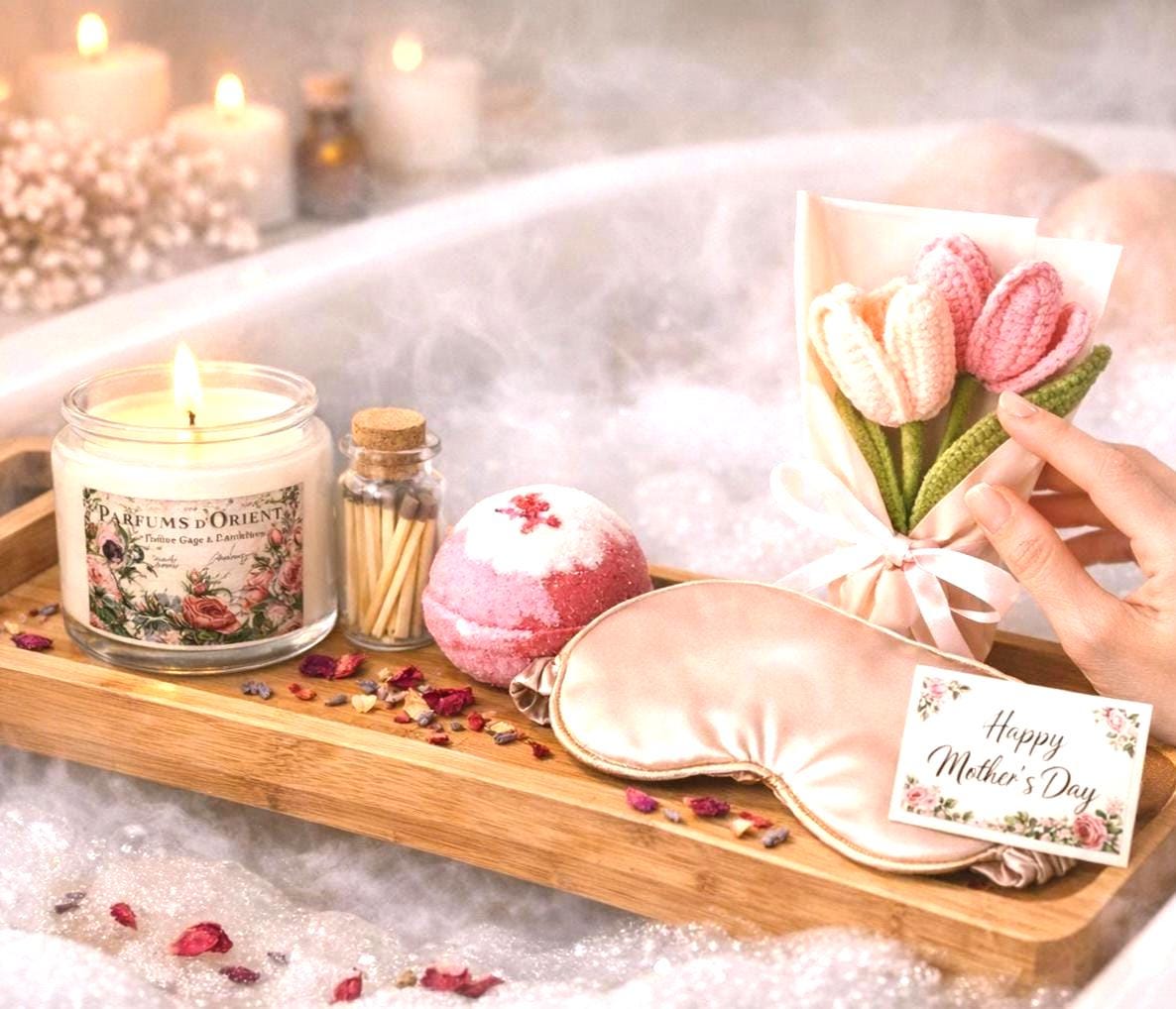 Mother’s Day Serenity Gift Set: Sage Candle, Bath Bomb, Sleep Mask, Crochet Bouquet