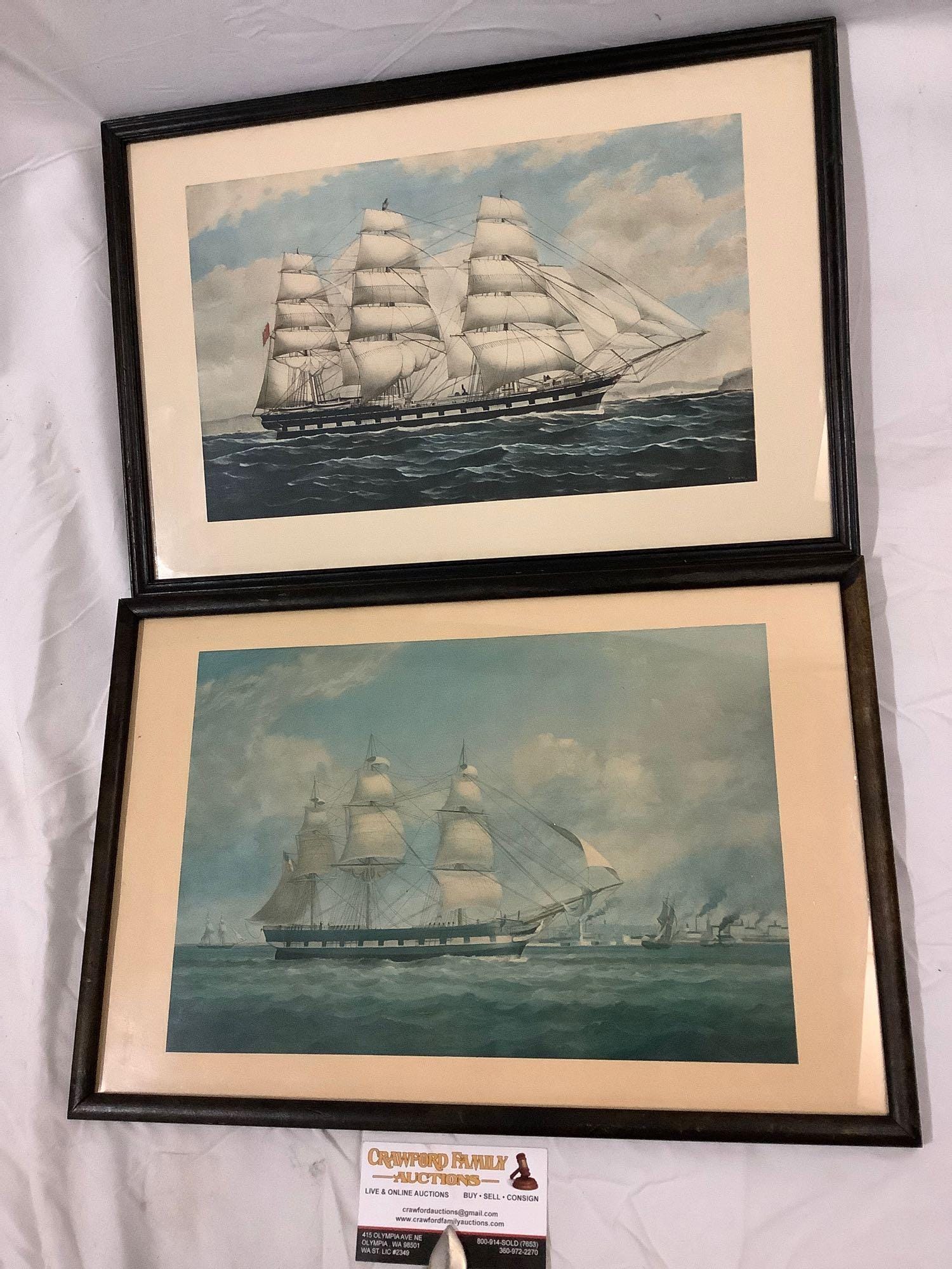 Rare Nautical Ship Prints by F. Tudgay – Wool Clipper Ships, Vintage Framed Maritime Art, Set of 2, Glass Frames 16x11