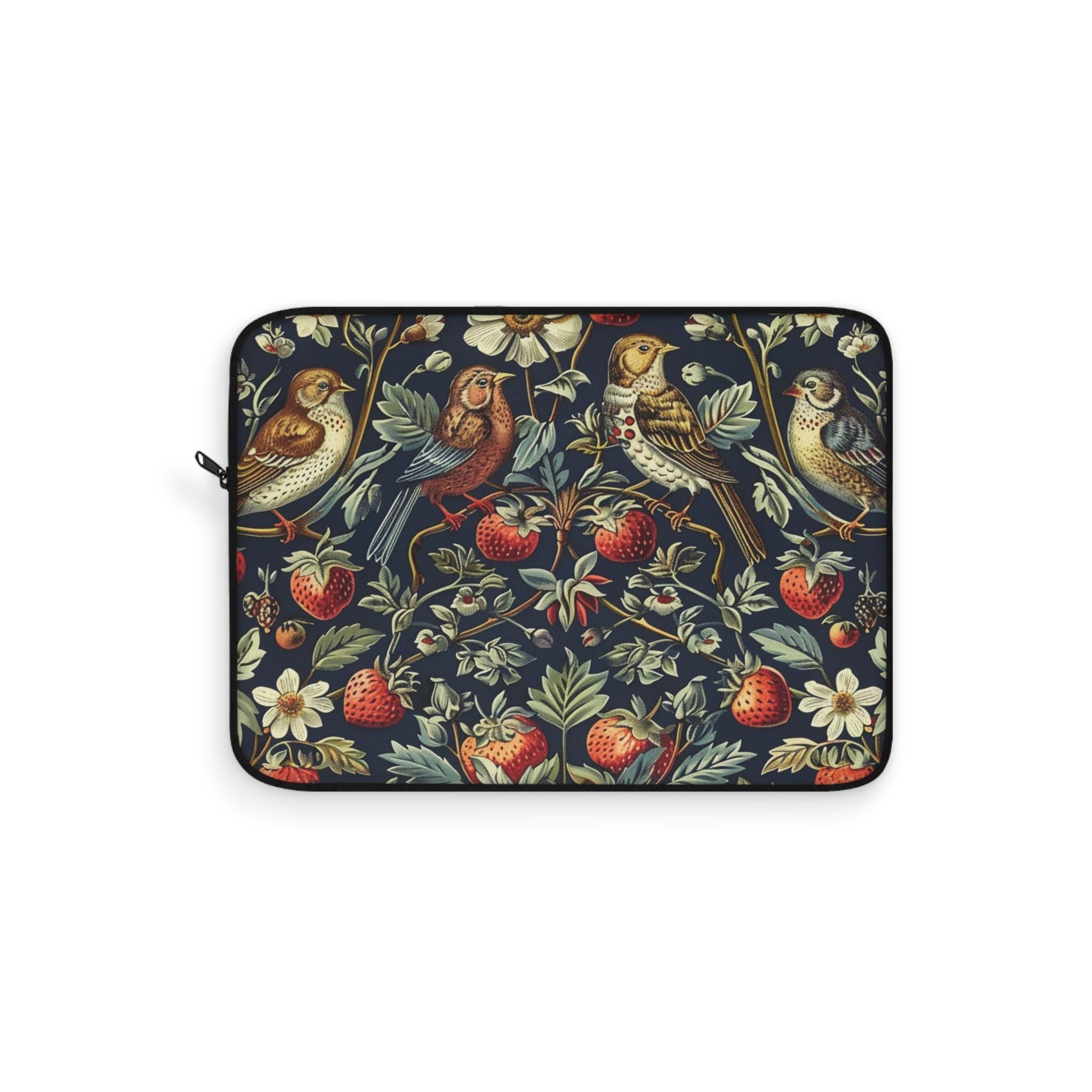 Strawberry Thieves William Morris Laptop Sleeve | Red Cream Botanical Zip Sleeve Fleece Interior