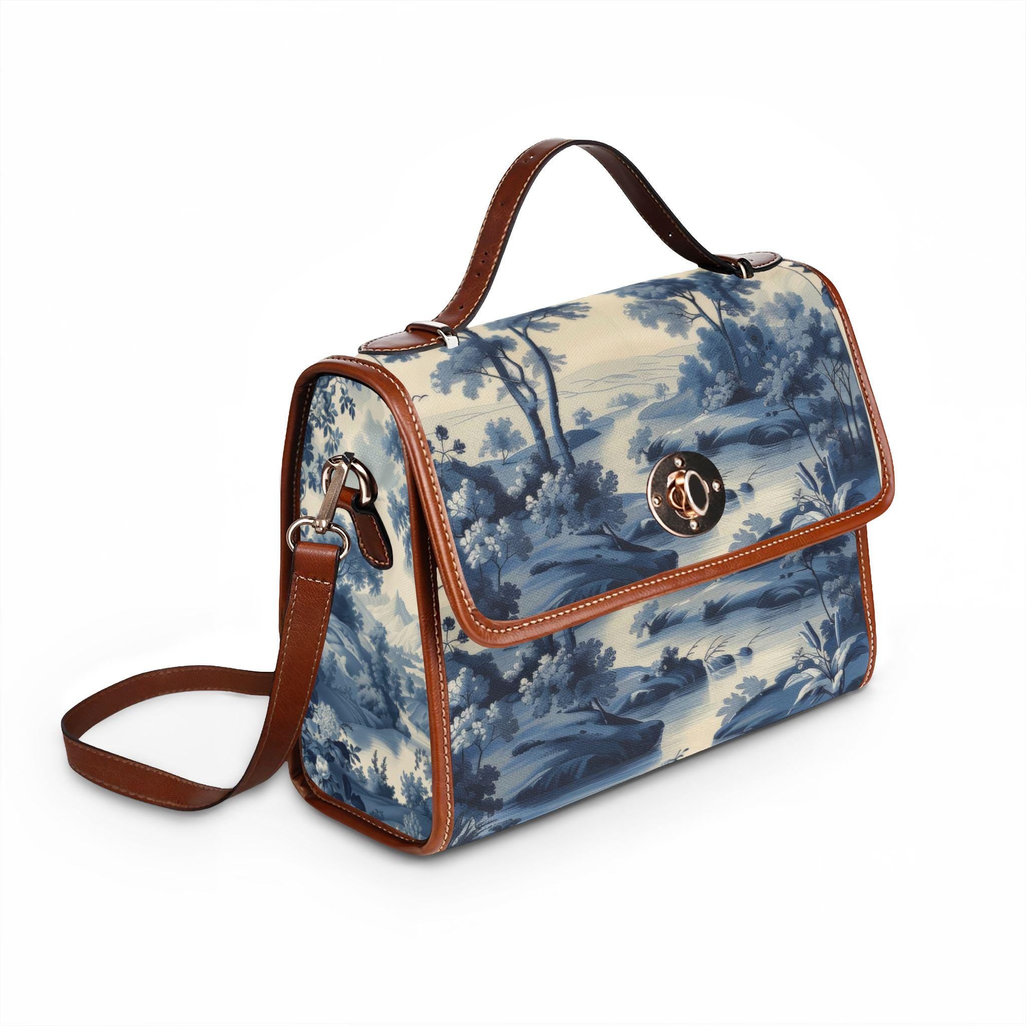 Blue Toile Landscape Waterproof Canvas Bag | Vintage Scenic Print
