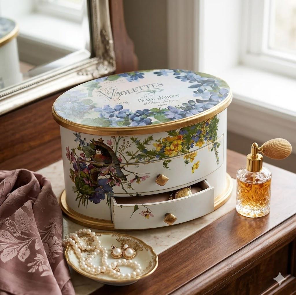 Oval Jewelry Box with Mirror | Decorated Wooden Floral Storage, Vintage French Label Vanity Chest