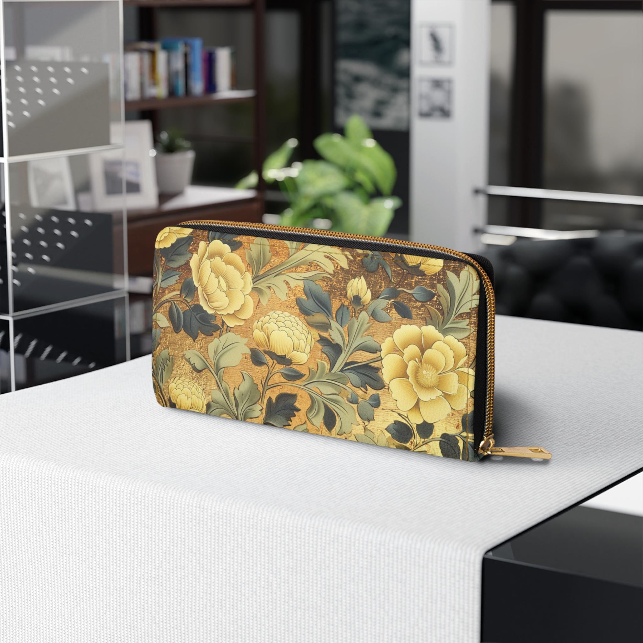 Golden Yellow William Morris Wallet | Floral Zipper Wallet | Botanical Clutch | Cottagecore Gift for Her | Vegan Leather Card Holder