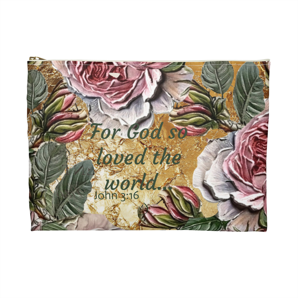 Vintage Pink Roses on Gold Marble Accessory Pouch | Floral Makeup Bag