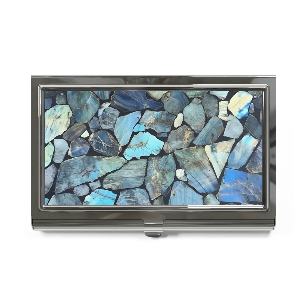 Labradorite Shards Business Card Holder | 3D Iridescent Stone Image Desk Accessory