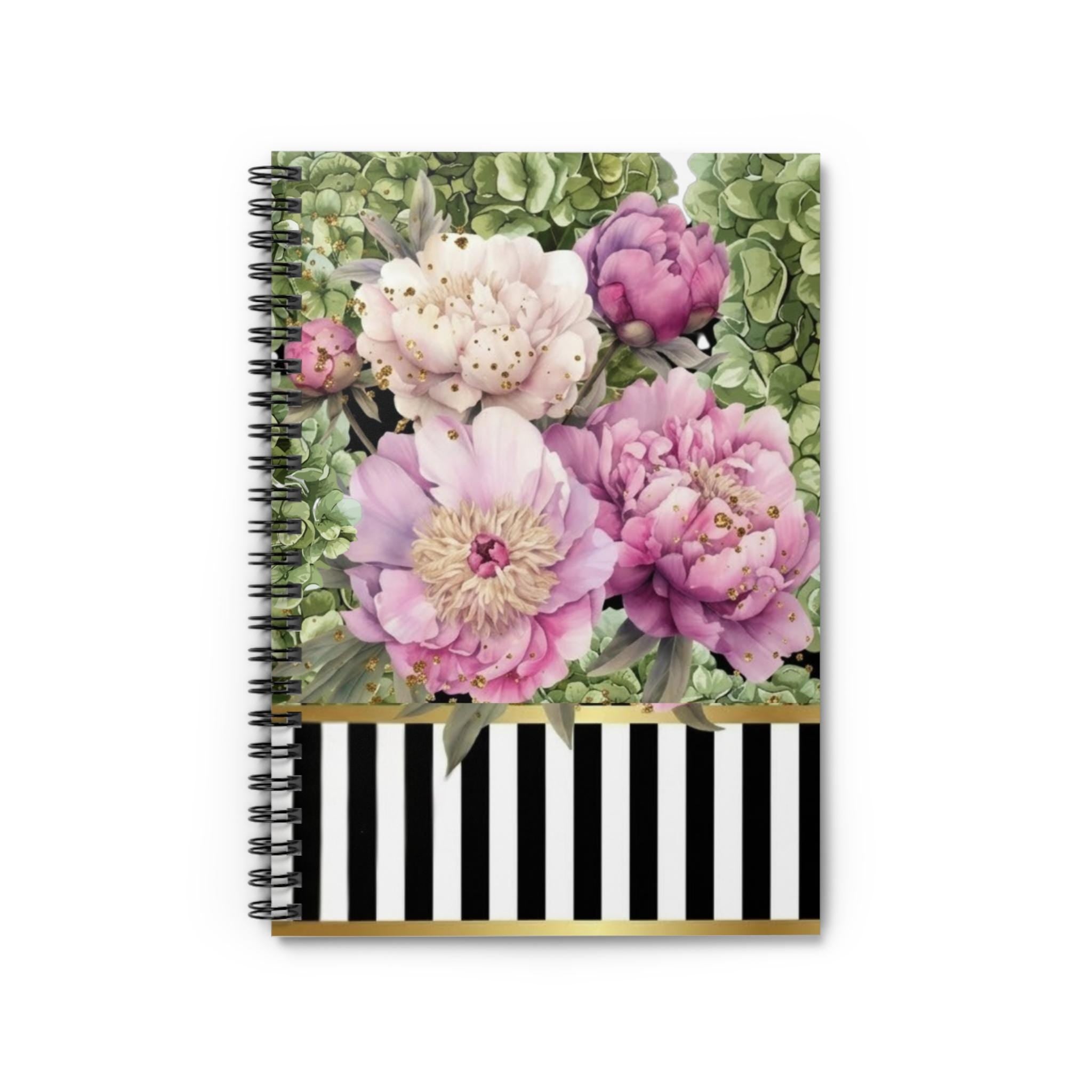 Pink Peonies Floral Spiral Notebook | Striped Gold Accent