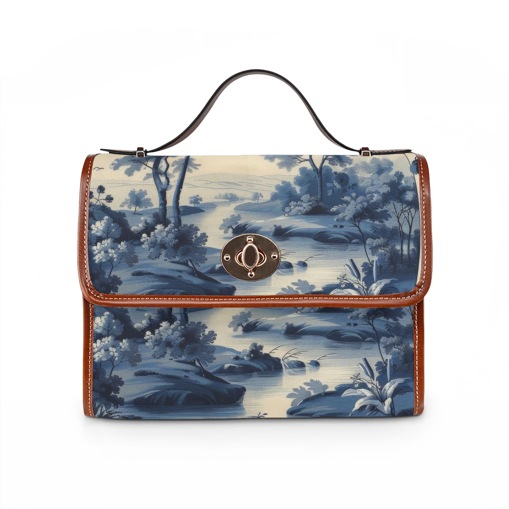 Blue Toile Landscape Waterproof Canvas Bag | Vintage Scenic Print