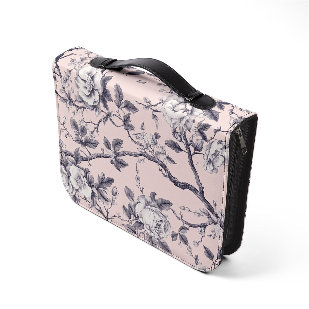 Pink White Botanical Toile Bible Cover | Floral Design | Christian Gift | Vegan Bible Case with Handle & Zipper | Bible Study Accessory