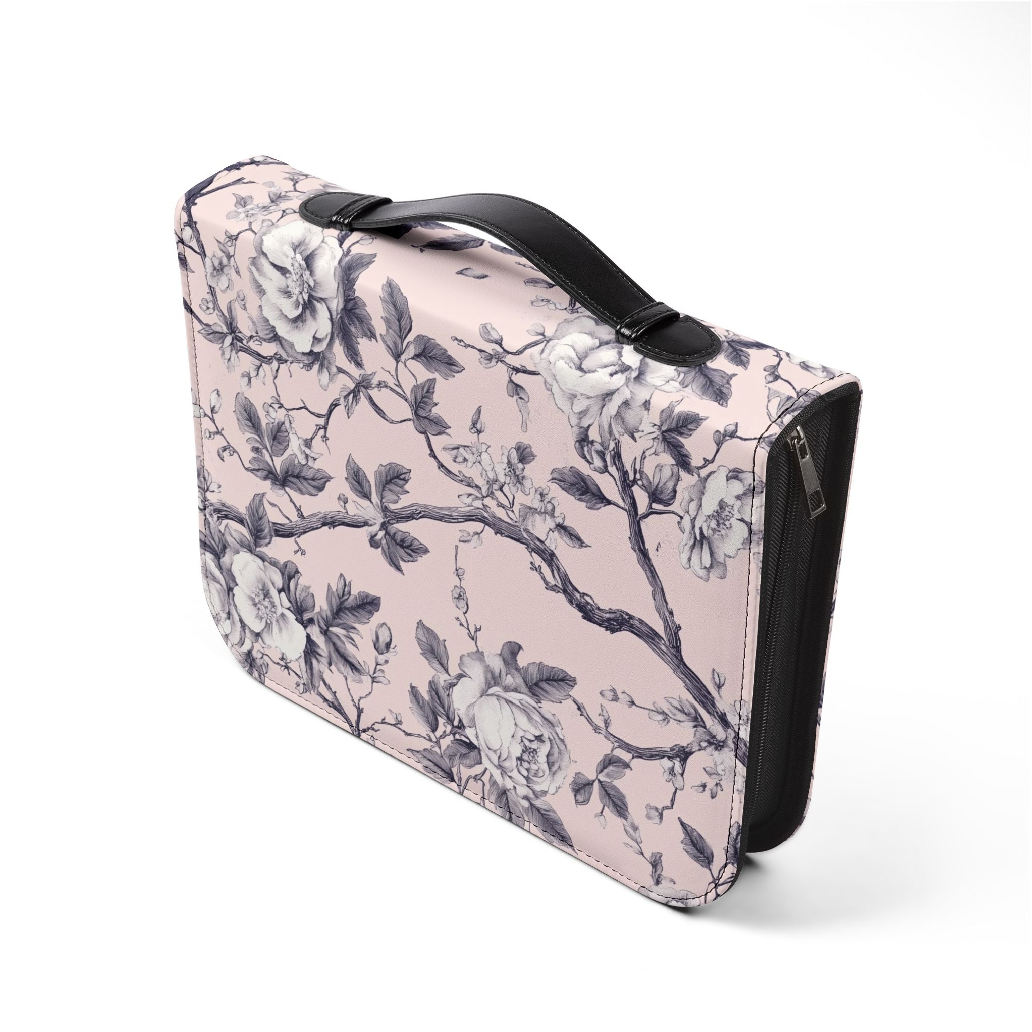 Pink White Botanical Toile Bible Cover | Floral Design | Christian Gift | Vegan Bible Case with Handle & Zipper | Bible Study Accessory