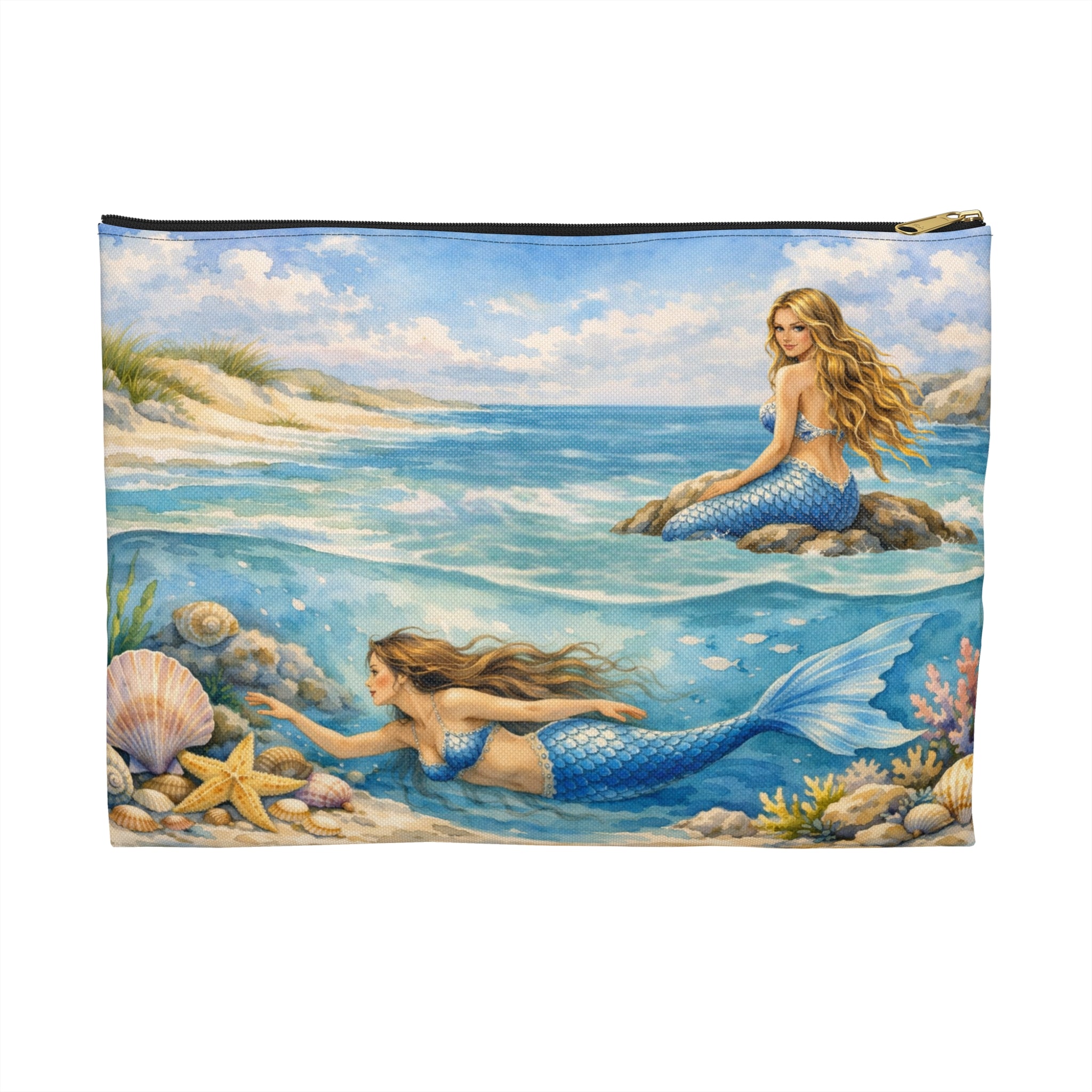 Mermaids Beach Accessory Pouch | Ocean Seashell Starfish Cosmetic Bag | Toiletry Bag for Beach Goer