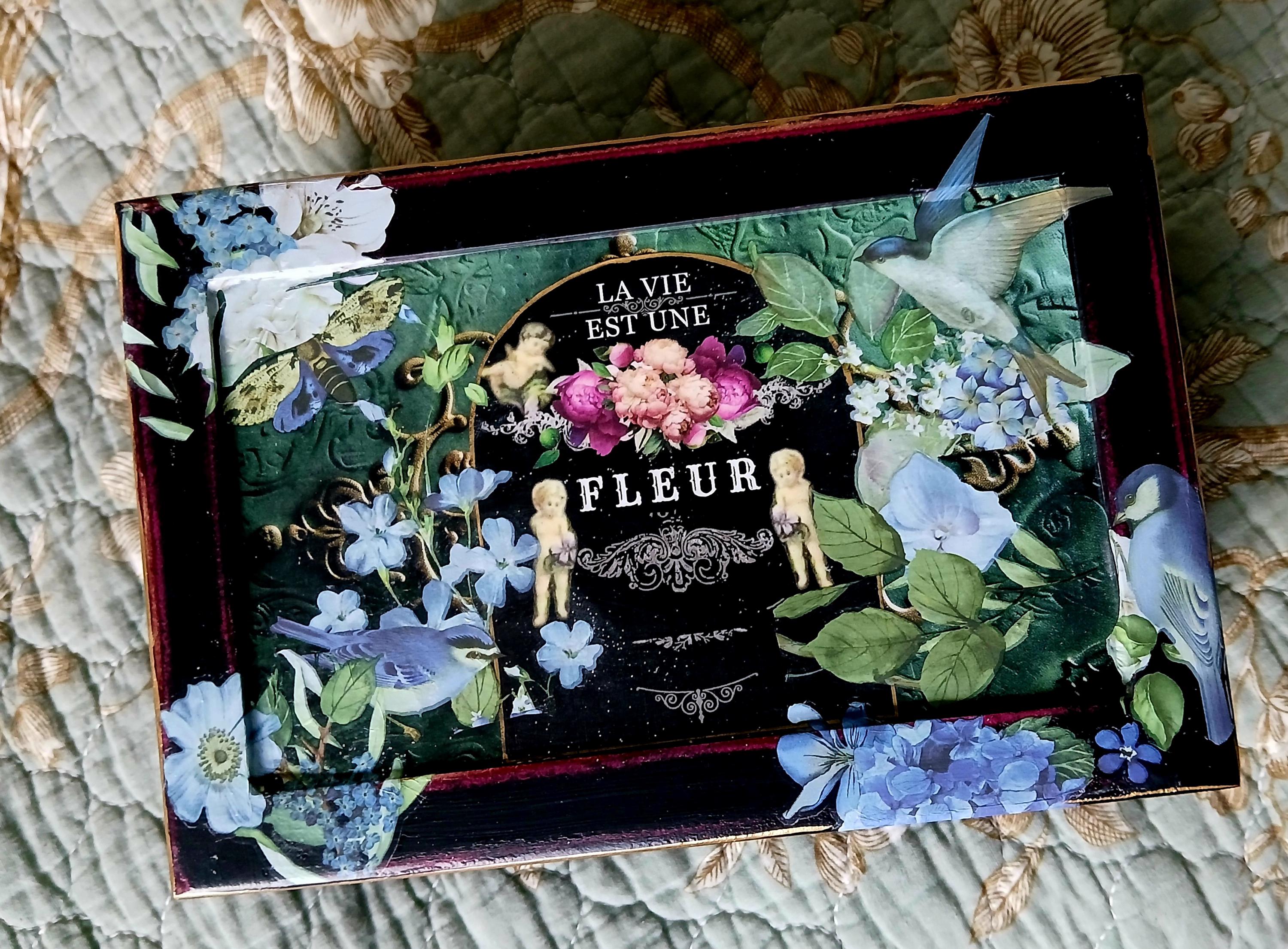 Decorated Mahogany Jewelry Box • Vintage Botanical Decoupage Keepsake Chest