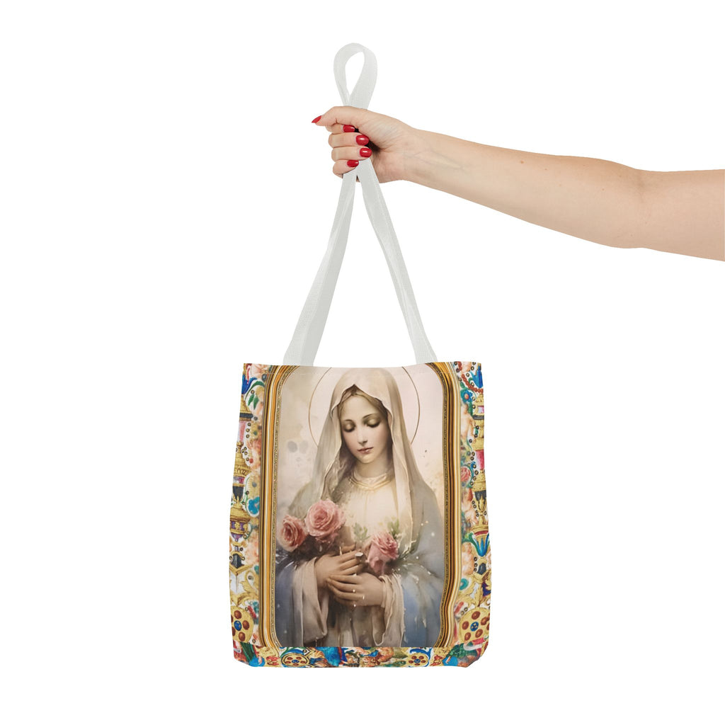 Virgin Mary portrait Tote Bag | Religious Madonna illustration, roses