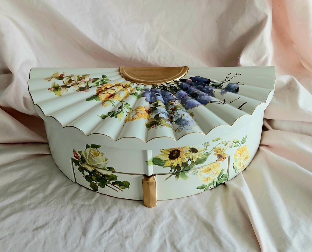 Fan Shaped Jewelry Box | Hand Painted Floral Vanity Organizer with Mirror
