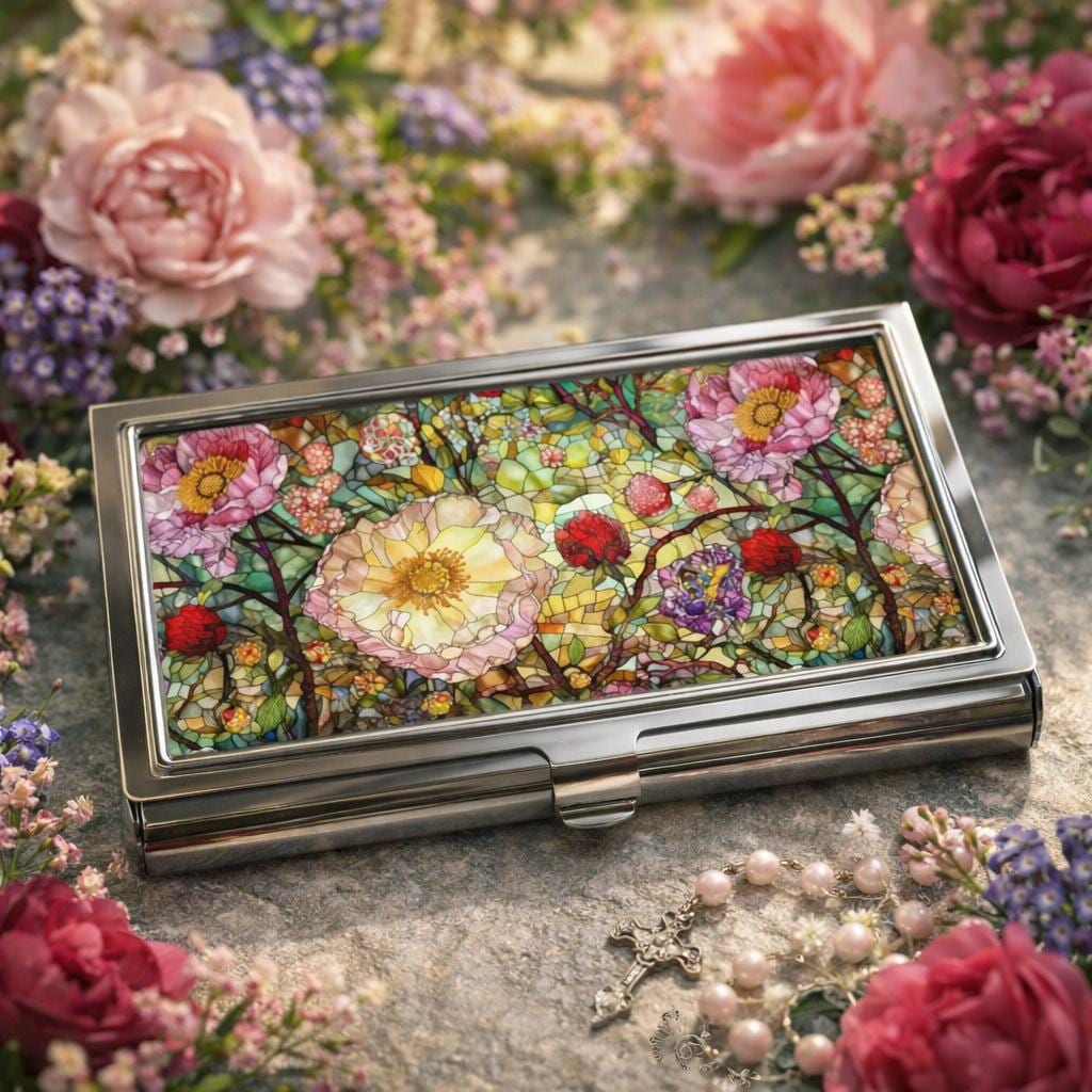 Floral Mosaic Business Card Holder, Elegant Office Gift