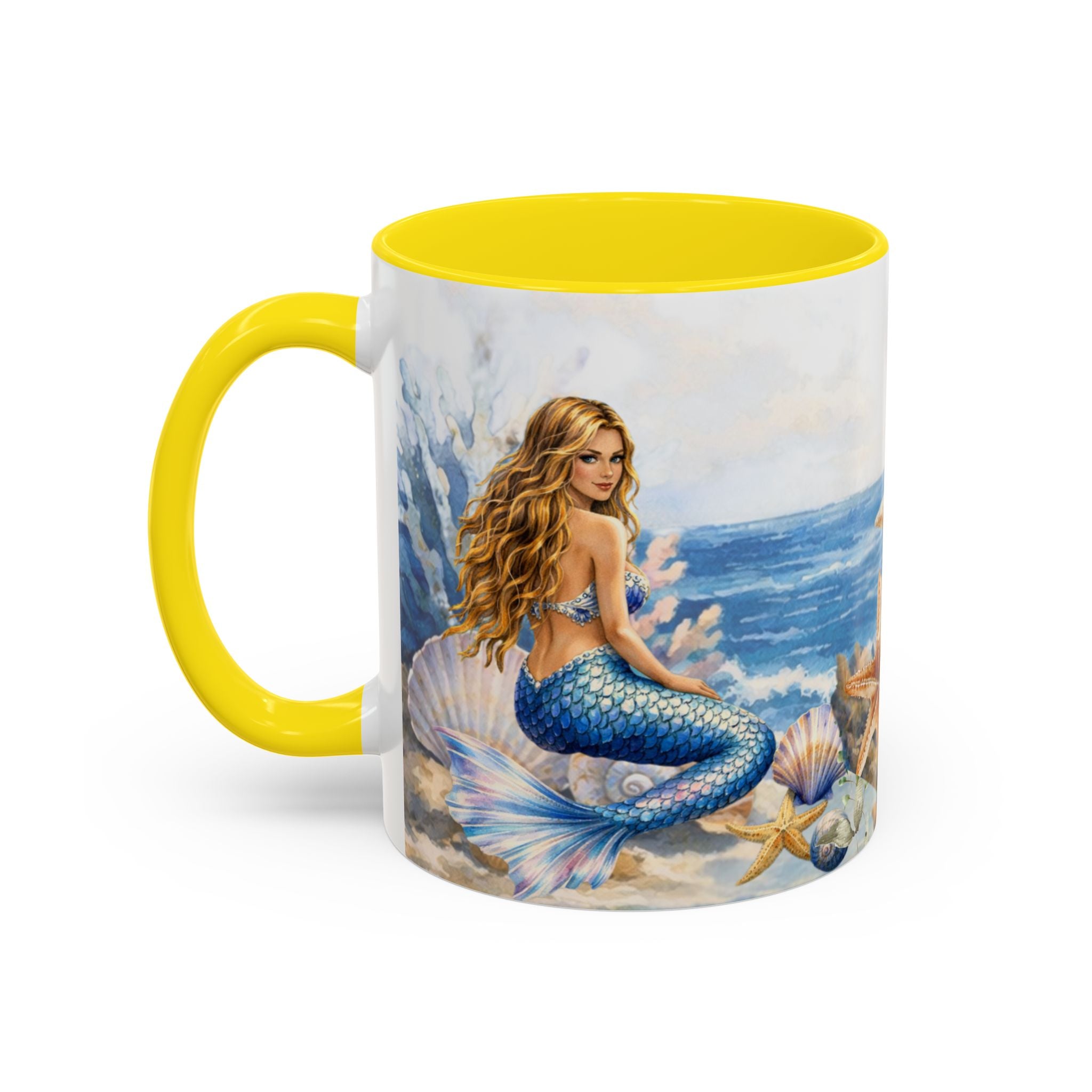 Mermaid Illustration Accent Coffee Mug | Seashells Starfish Ocean Scene