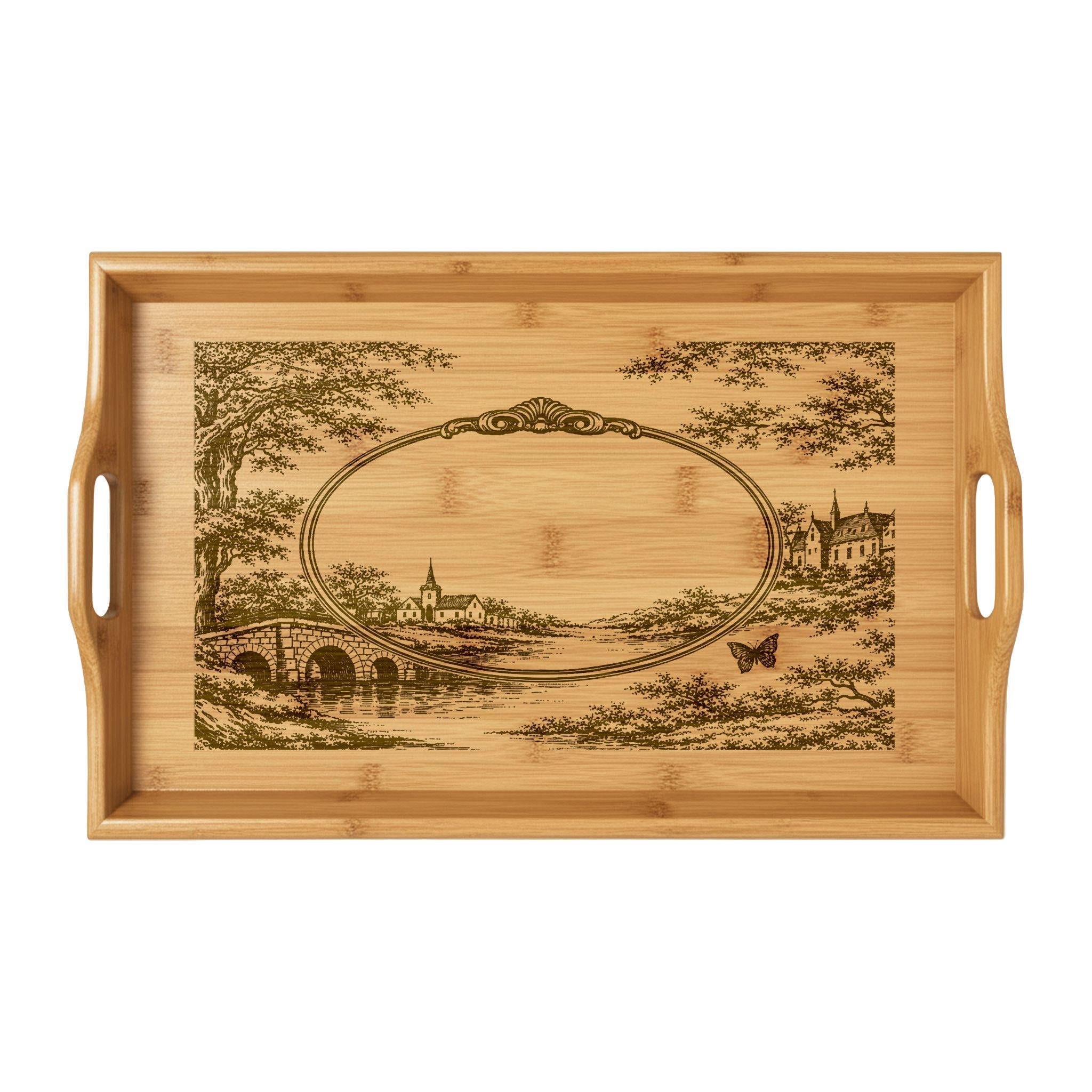 Personalized Pastoral Toile Engraved Bamboo Serving Tray | Bed Tray | Wedding Anniversary Gift