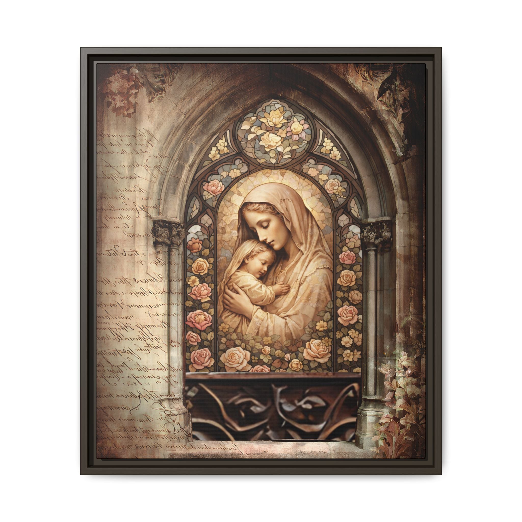 Gothic Window Madonna and Child Stained Glass Print Matte Canvas, Framed