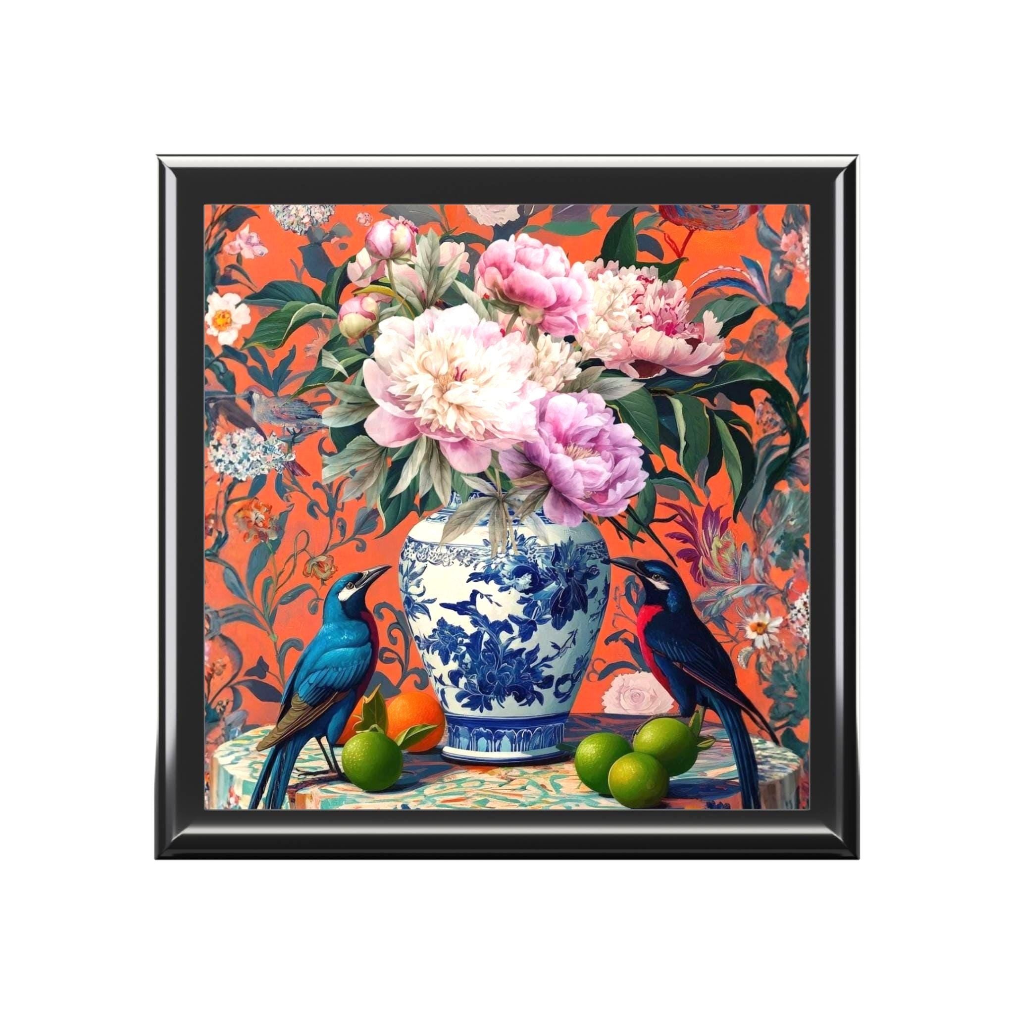 Chinoiserie Garden Jewelry Box, Pink Coral Blue Trinket Case