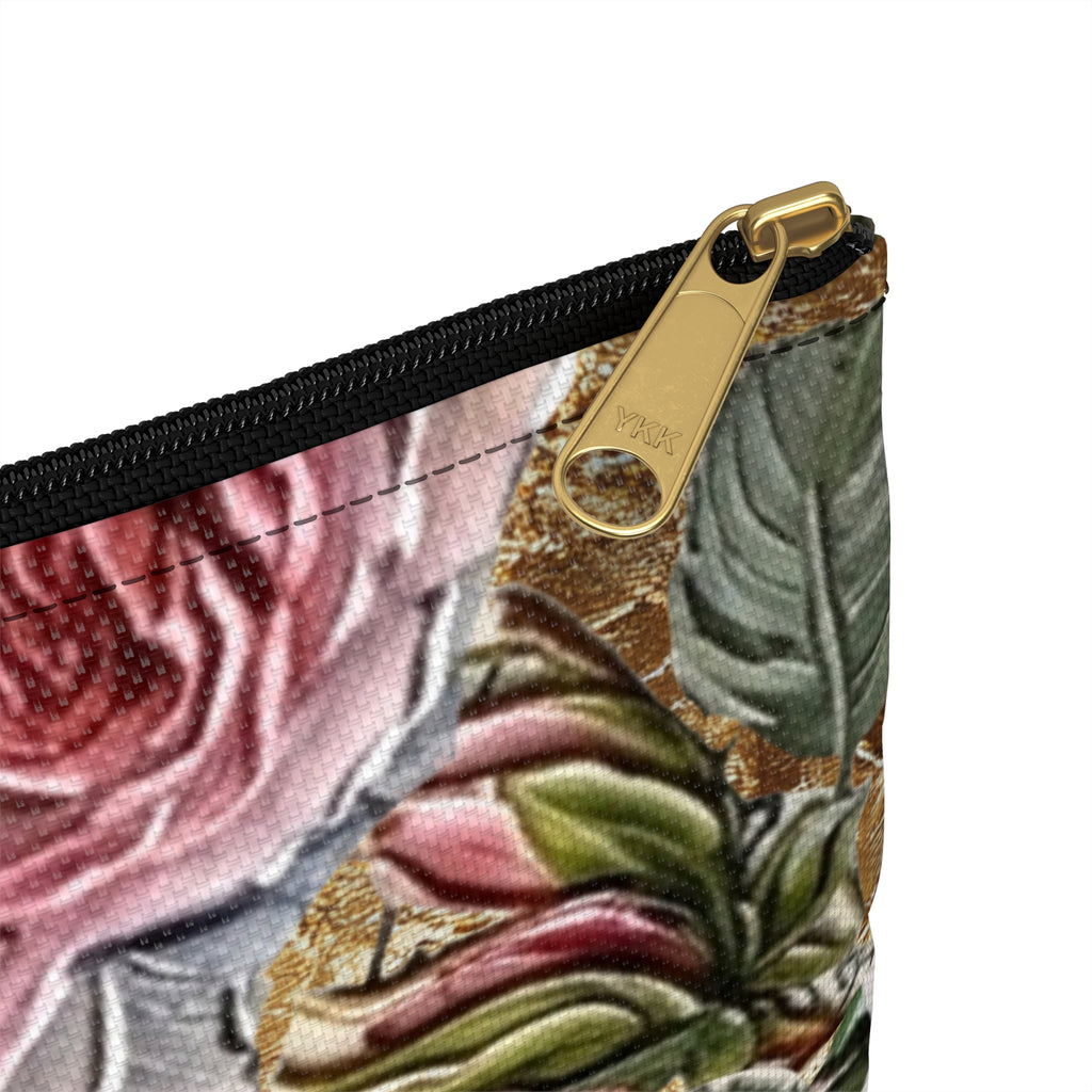 Vintage Pink Roses on Gold Marble Accessory Pouch | Floral Makeup Bag
