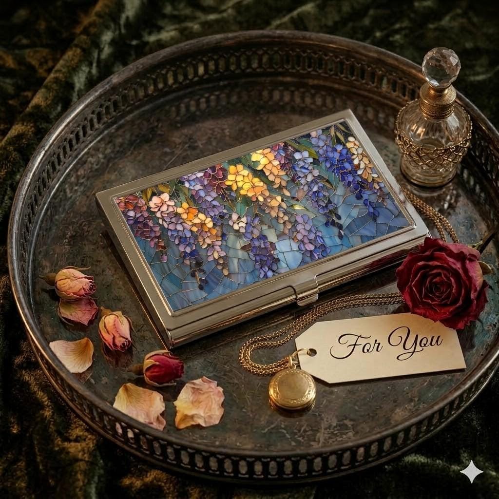 Stained Glass Wisteria Business Card Holder, Metallic Finish | Calling Card Case