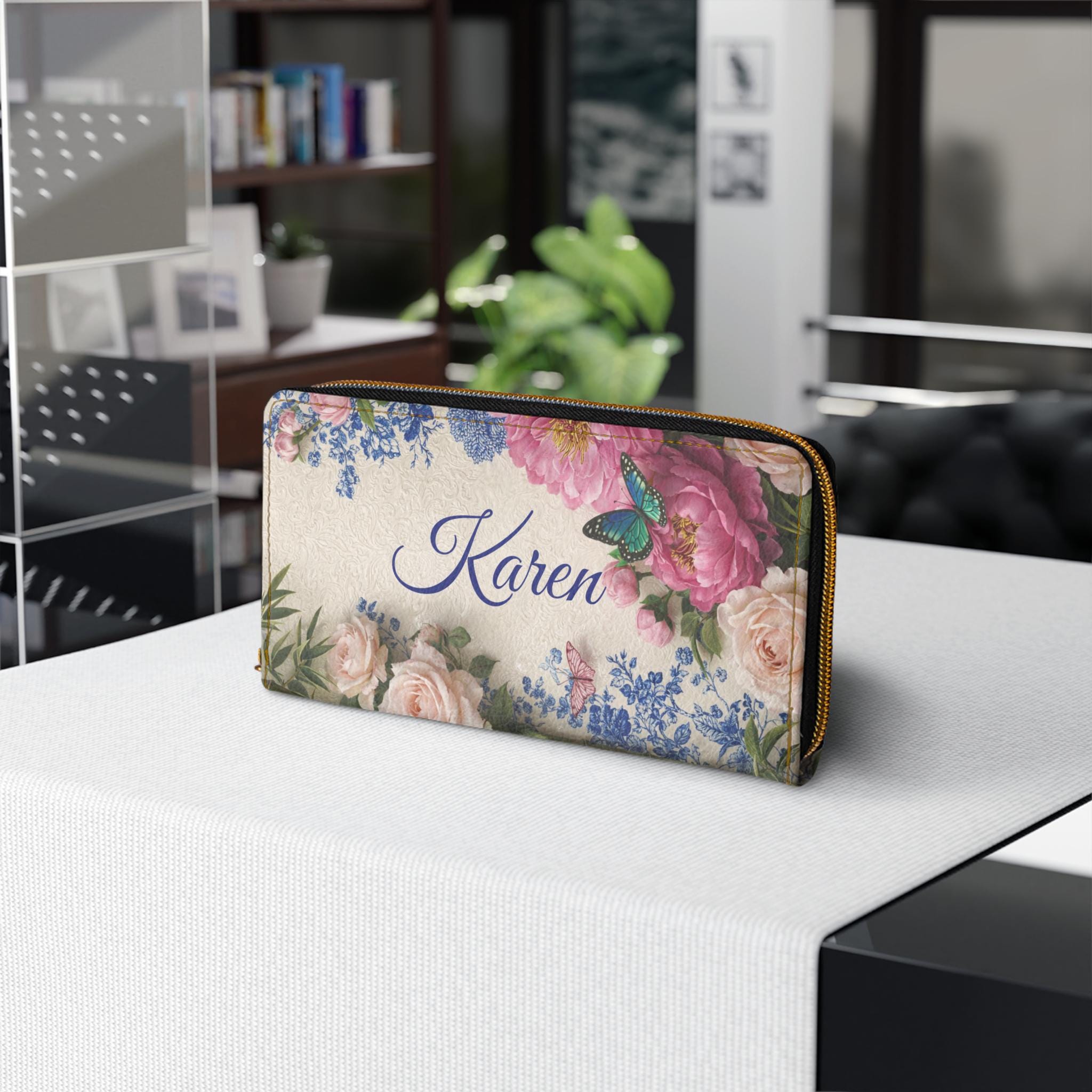 Pink Rose Toile Bouquet Zipper Wallet | Floral Butterflies, Vintage Garden