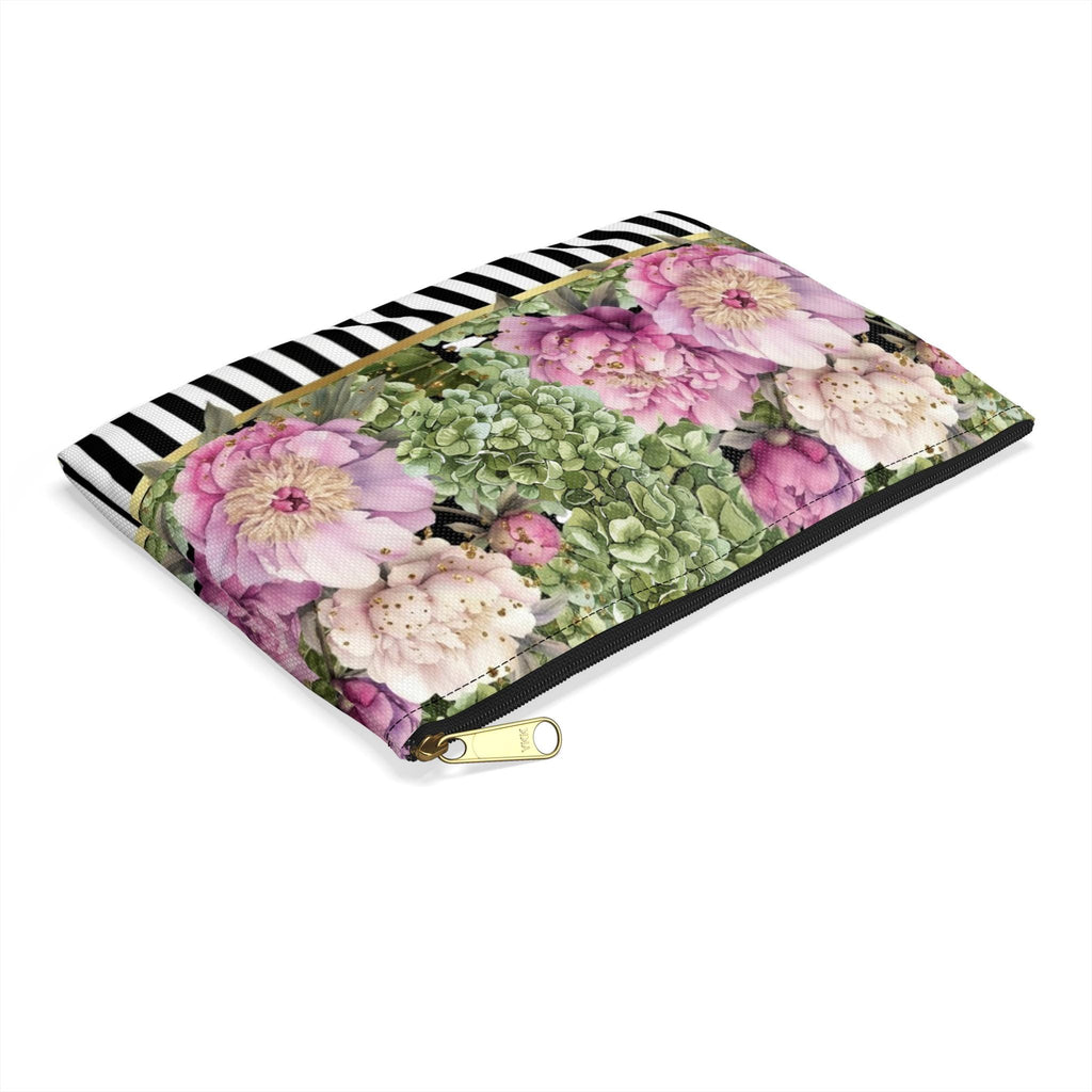Pink Peonies & Green Hydrangeas Accessory Pouch | Black White Stripes