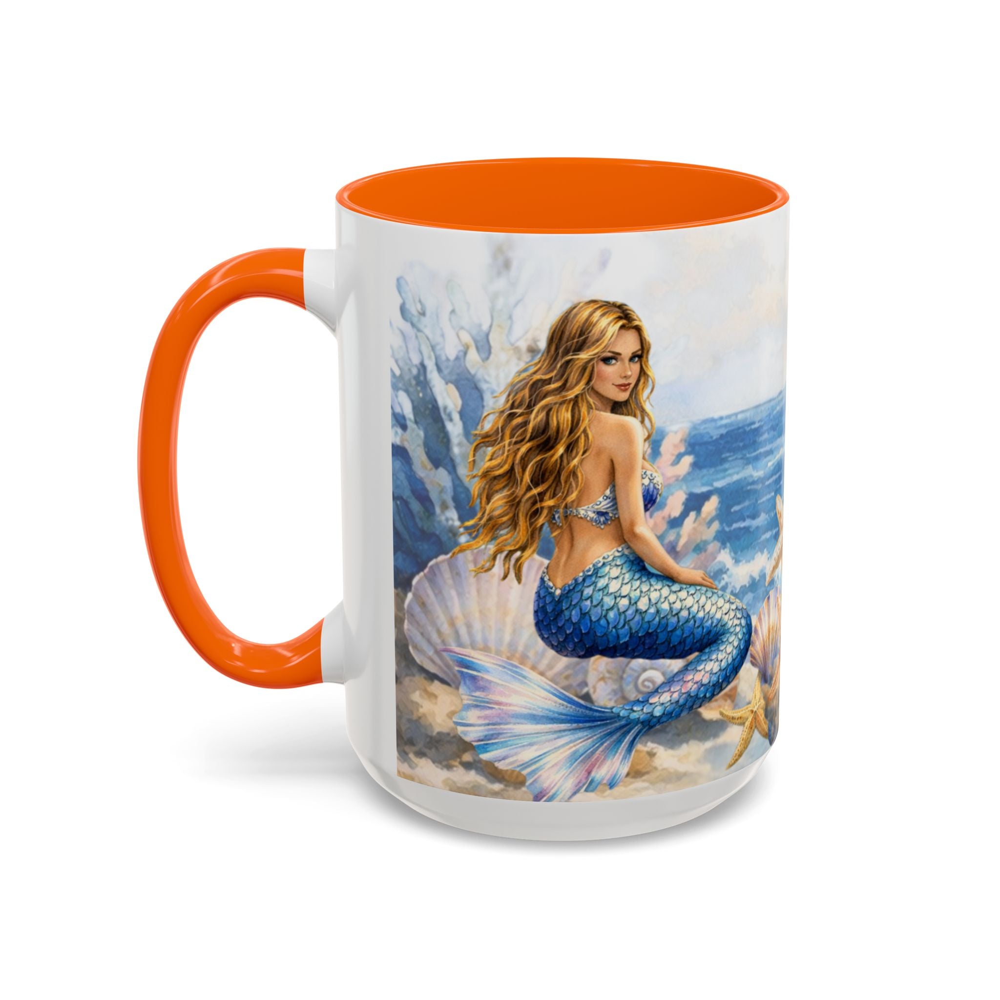 Mermaid Illustration Accent Coffee Mug | Seashells Starfish Ocean Scene