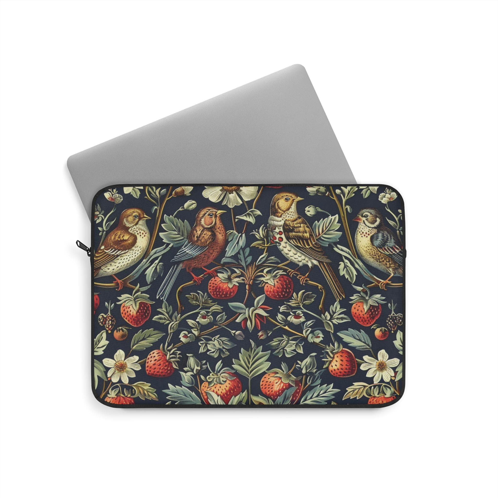 Strawberry Thieves William Morris Laptop Sleeve | Red Cream Botanical Zip Sleeve Fleece Interior