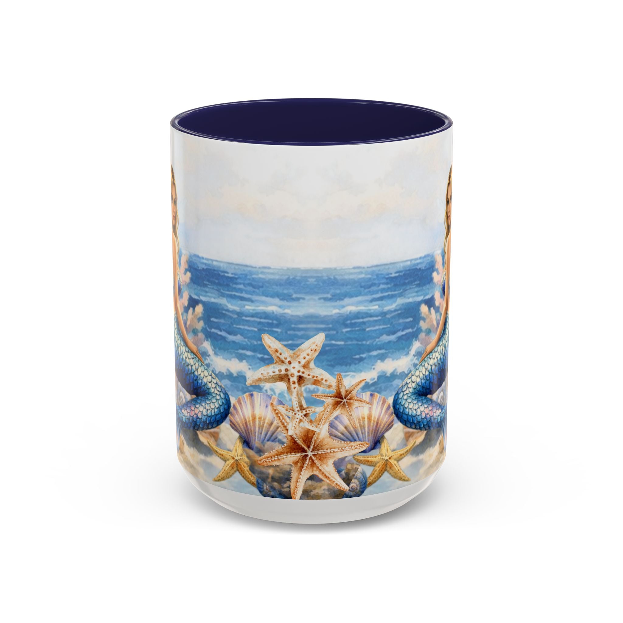 Mermaid Illustration Accent Coffee Mug | Seashells Starfish Ocean Scene