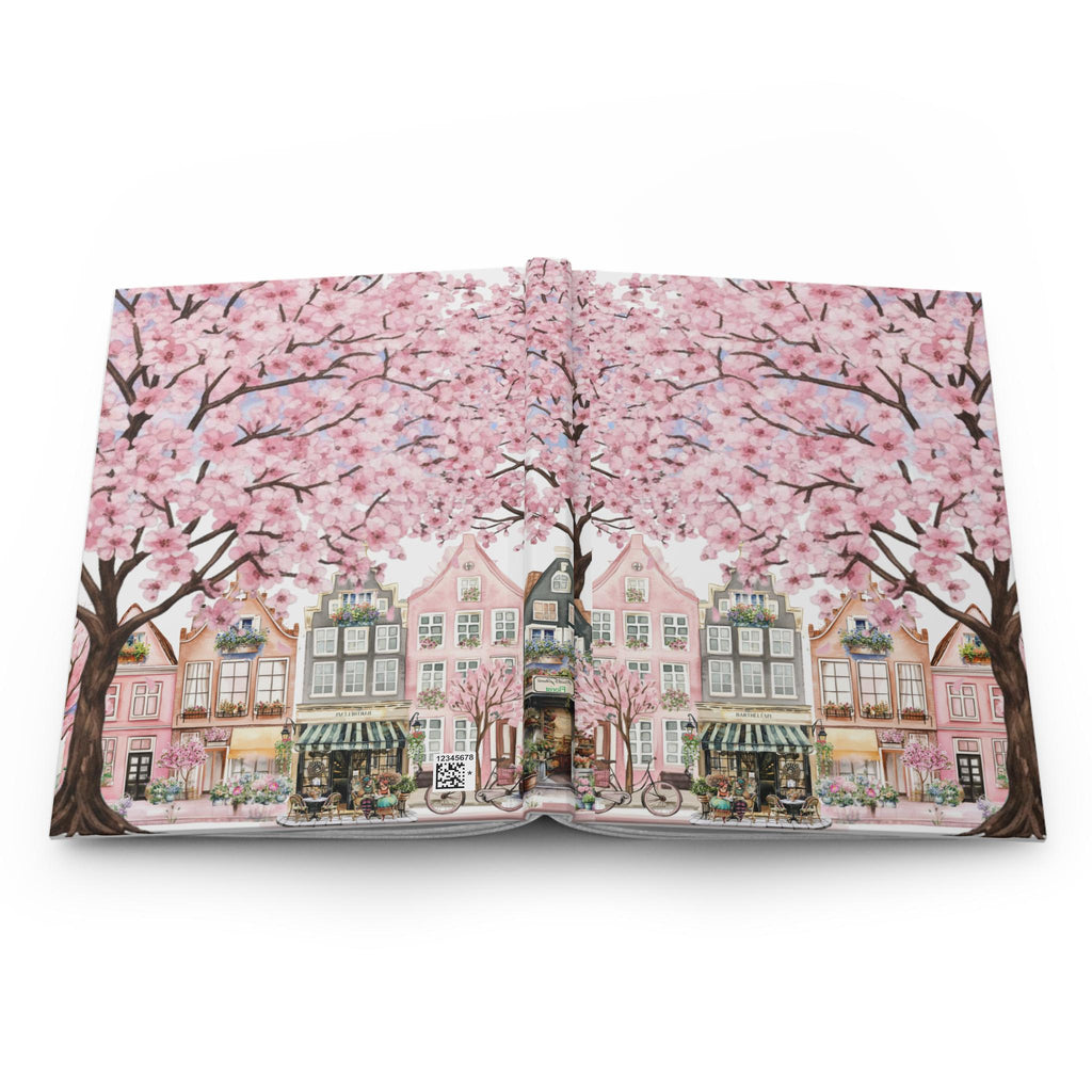 Cherry Blossom Street Scene Hardcover Journal | Sakura Trees & Painted Ladies